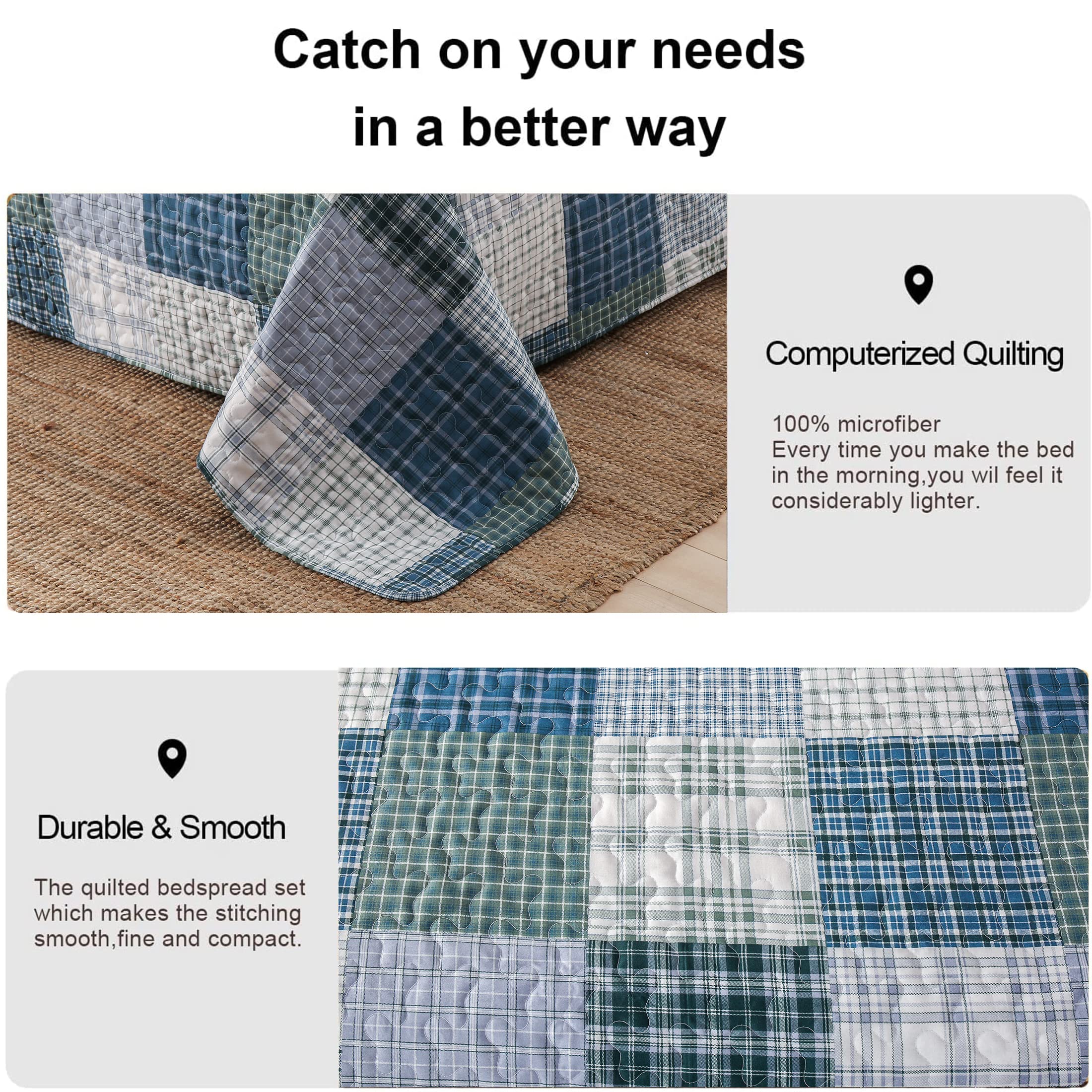 Queen Size Reversible Plaid Quilt Set - Lightweight Soft Patchwork Bedspread Coverlet with 2 Pillow Shams | Modern Home Bedding for Men & Boys | Cozy Bedroom Decor for All Seasons