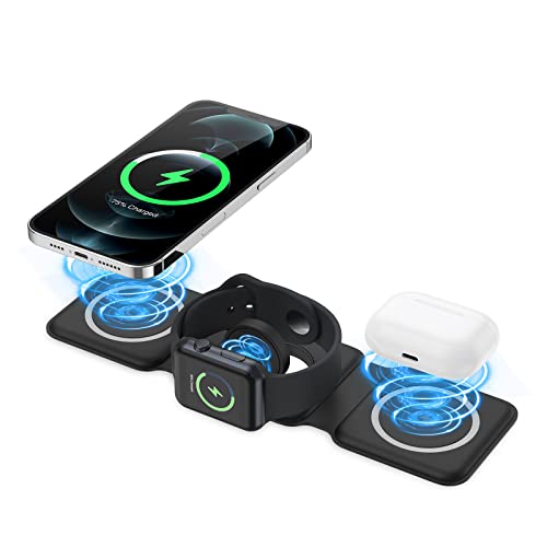 3-in-1 Foldable Magnetic Wireless Charging Station - Fast Qi-Certified Charger for iPhone 11/12/13/14/SE, iWatch, AirPods Pro & Samsung Galaxy - Multi-Device Charging Stand for Home, Office & Travel