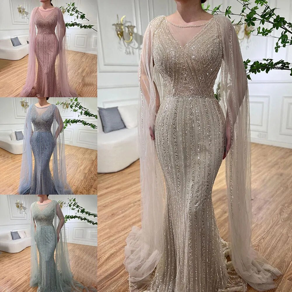 Elegant Blue Mermaid Evening Gown with Cape Sleeves & Beaded Details - Arabic Style Long Dress for Women - Perfect for Weddings, Parties & Special Occasions in 2025