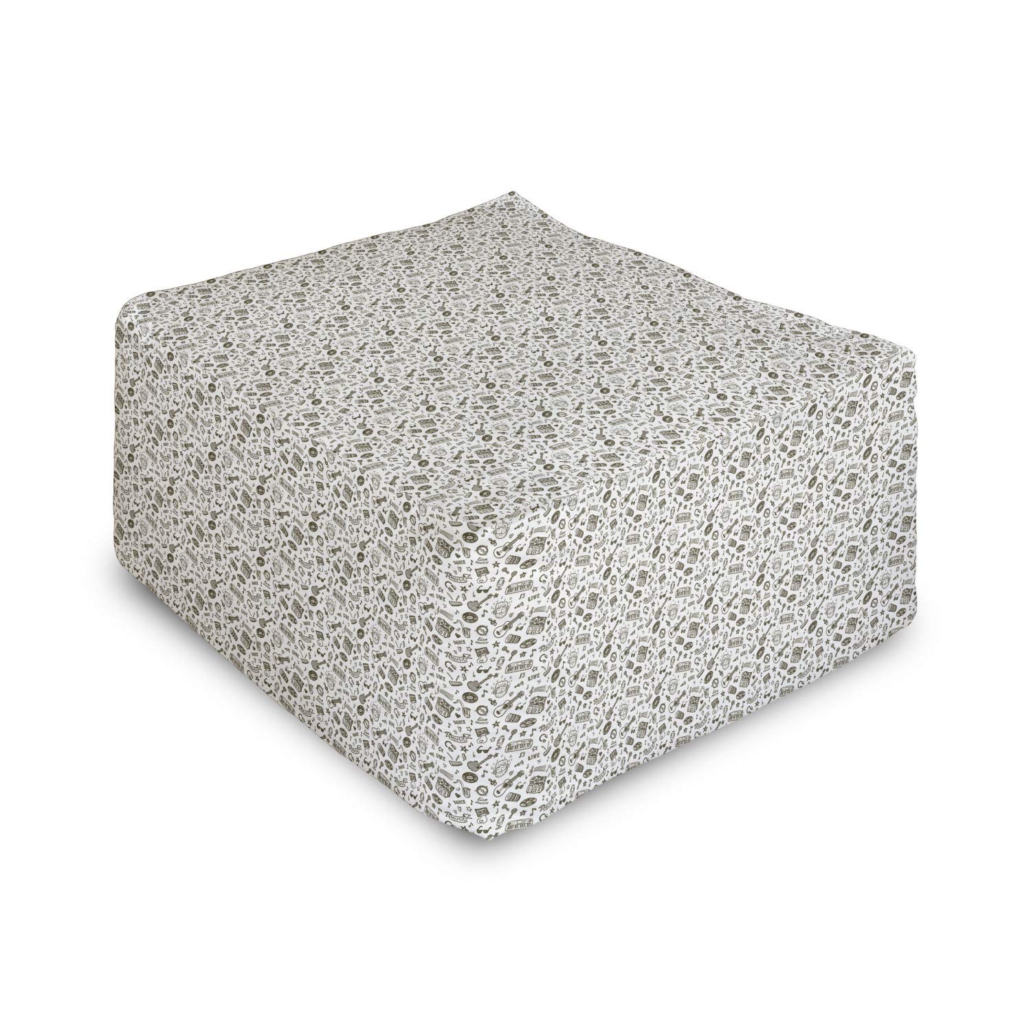 Ambesonne Hipster Rectangle Pouf Ottoman - Hand Drawn Nostalgic Disco Dance Design with Musical Instruments - 25 Inch Under Desk Foot Stool for Living Room & Office - Olive Green & White Cover - Perfect for Home Decor, Lounge Seating & Extra Guest Seating