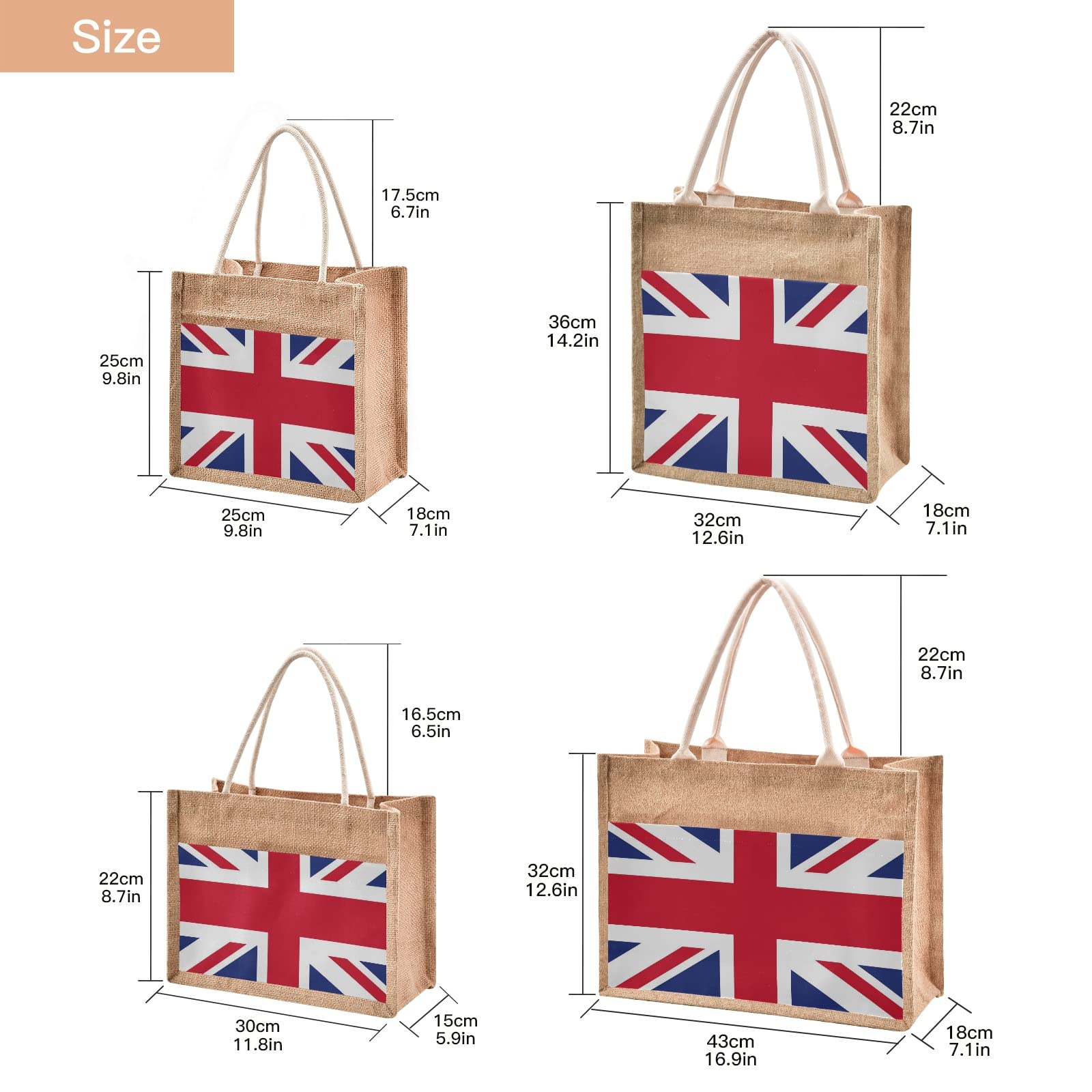 British Flag Jute Tote Bag for Women - Stylish Union Jack Grocery Shopping Bag with Handles, 8.7 x 11.8 x 5.9 Inches - Perfect for Outdoor Travel, Beach Trips, Picnics and Farmers Market Shopping