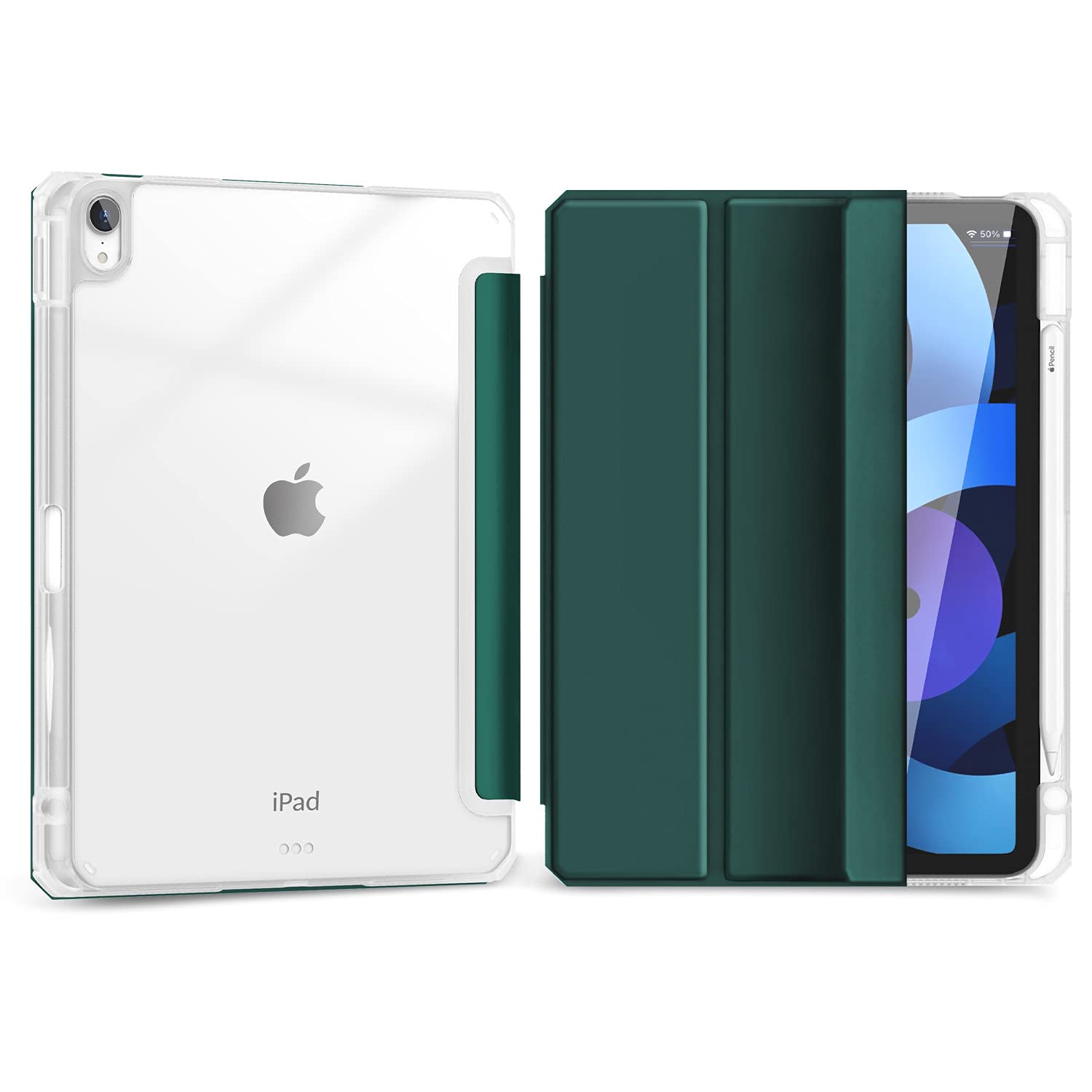 Hoidokly iPad Air 5th Generation 2022 / iPad Air 4th Generation 2020 10.9-inch Protective Case with Pencil Holder - Slim Trifold Stand Cover with Clear Hard Back, Auto Sleep/Wake Feature in Deep Green - Perfect for Work, School & Travel
