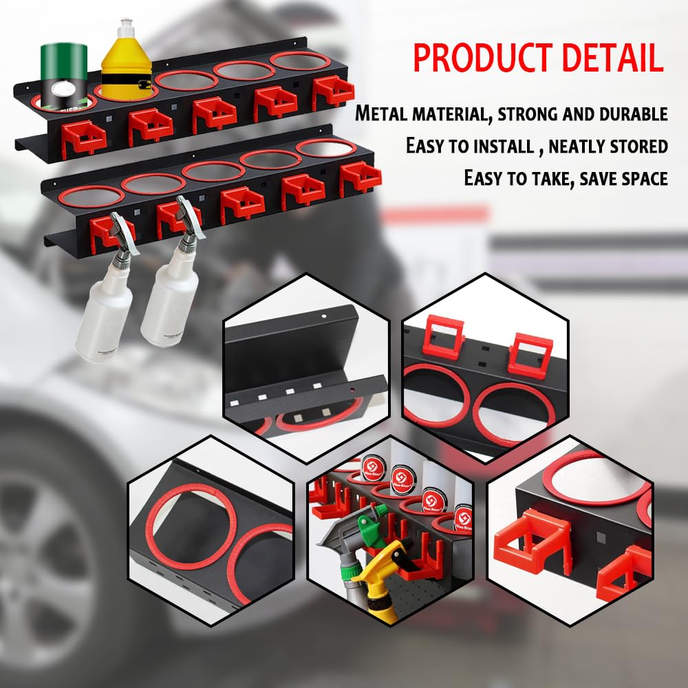 2 Pack Wall Mounted Spray Bottle Holder & Aerosol Can Organizer - Garage Storage Rack with Car Cleaning Brush Kit | Perfect for Car Detailing, Home Cleaning & Workshop Organization
