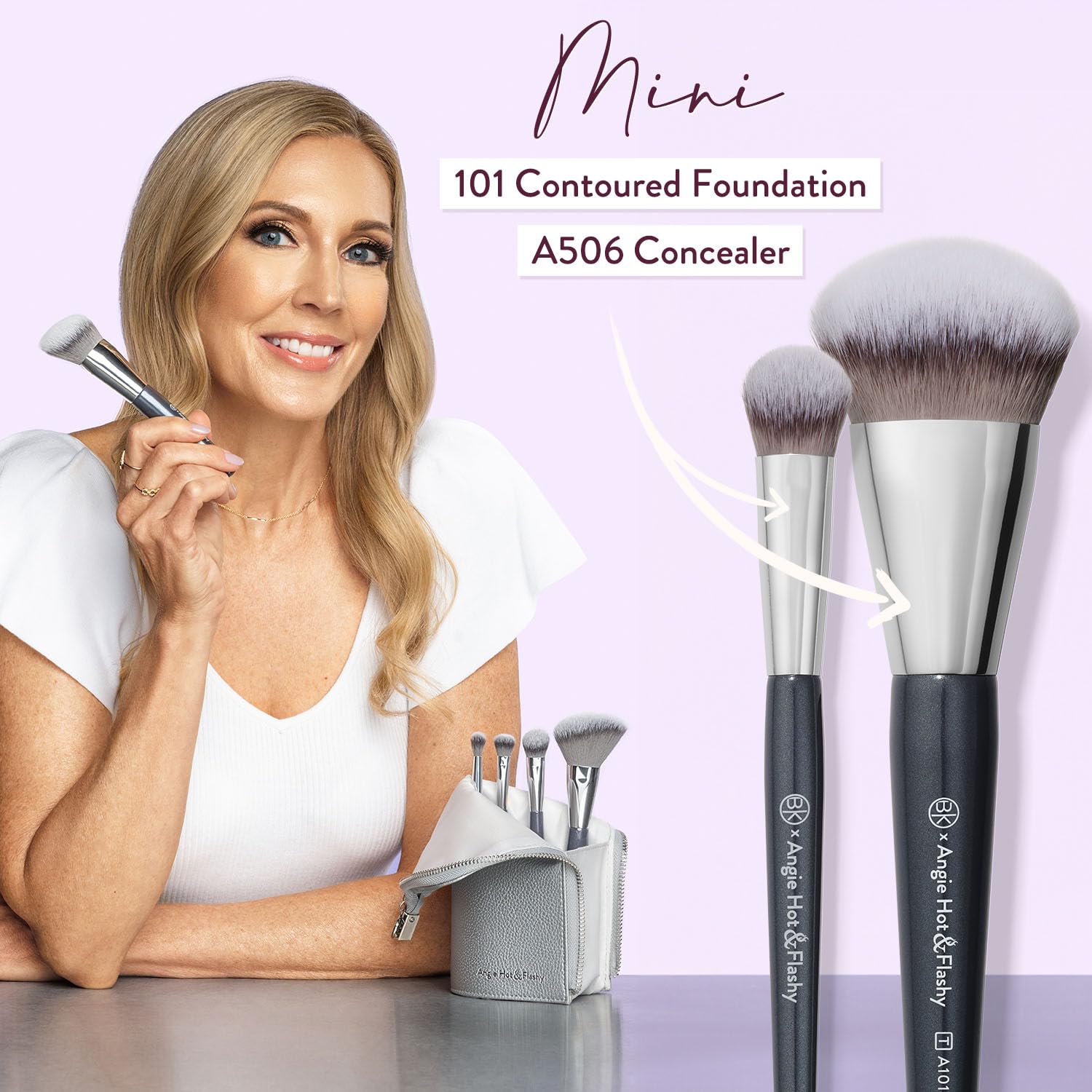 BK BEAUTY BRUSHES - Angie Hot & Flashy Travel Makeup Brush Set with Pouch | Foundation, Concealer, Bronzer, Blush & Highlighter Brushes for Liquid & Cream Makeup | Perfect for Travel, Everyday Makeup & Professional Use