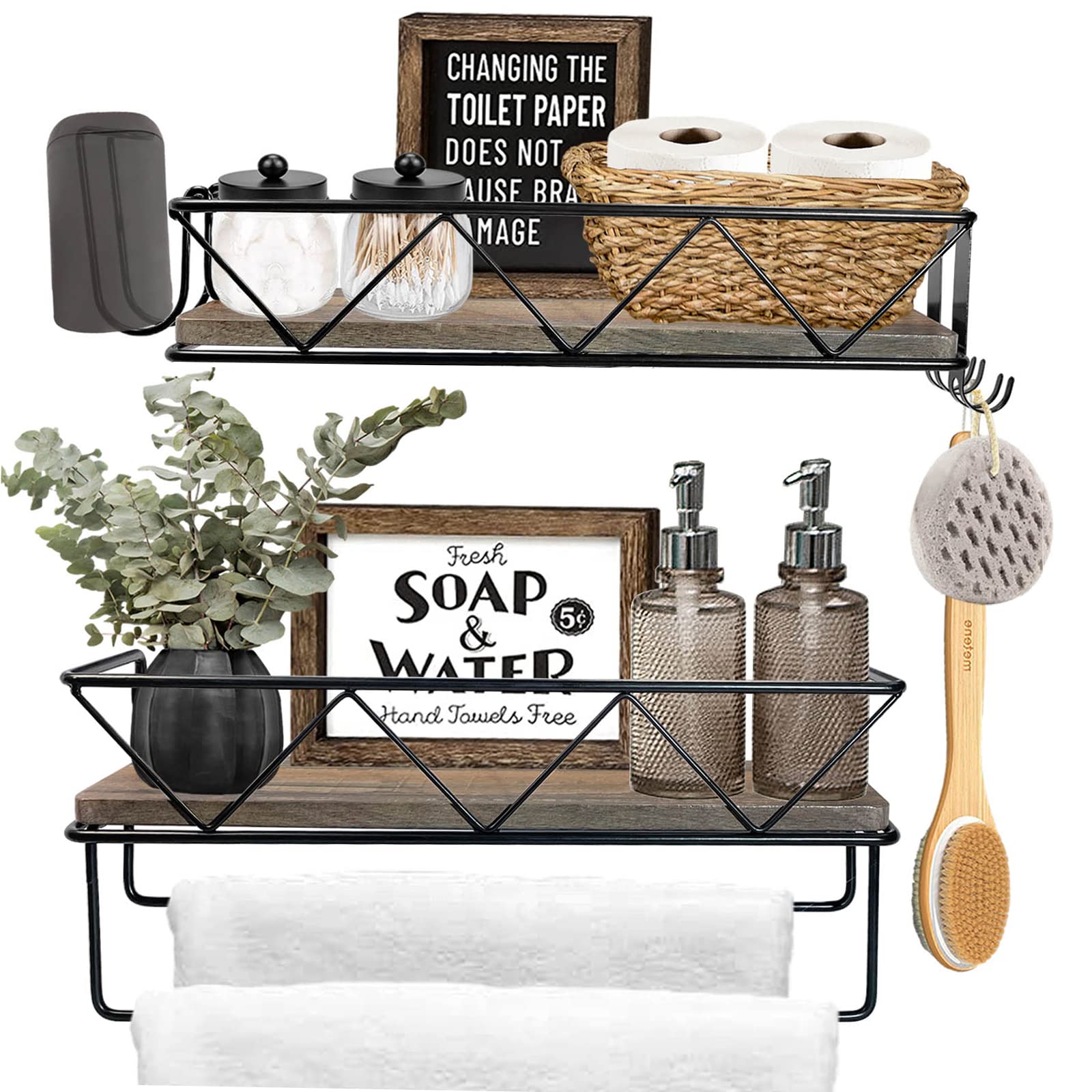 QEEIG Floating Shelves with Towel Bar Set - 2 Pack Rustic Wood Wall Shelves for Bathroom Storage | Perfect for Organizing Towels, Toiletries & Decor (Bathroom, Kitchen, Bedroom)