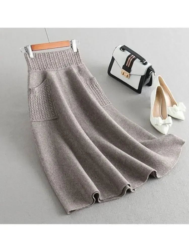 Women's High Waist Wool Knit Skirt - Warm Winter Long Skirt with Pockets, Loose Fit Mid-Calf Length Solid Color (B790) | Perfect for Office Wear, Casual Outfits & Holiday Season
