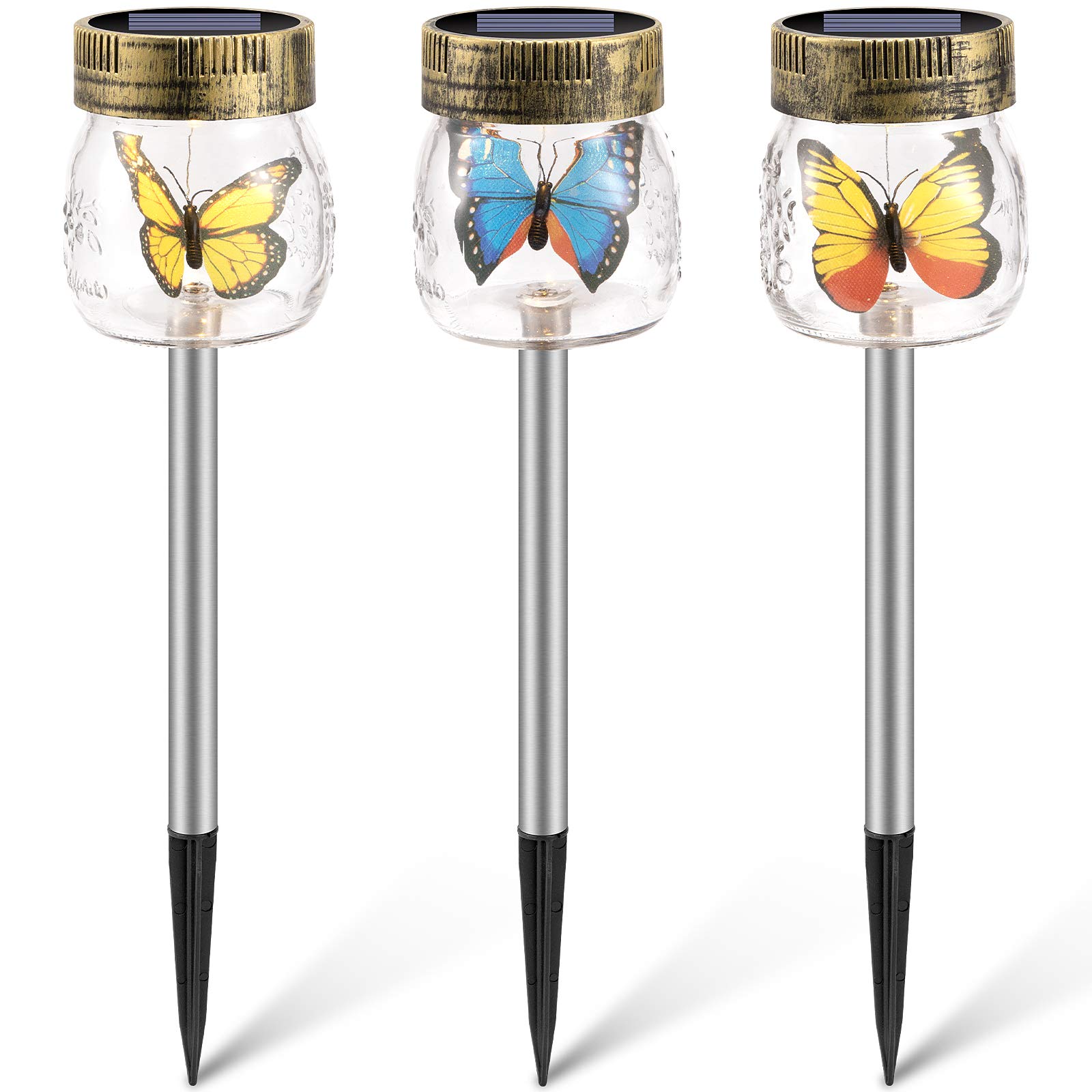 SUNWIND 3 Pack Solar Garden Lights Outdoor - Decorative Butterfly Glass Jar Solar Lights for Pathway, Lawn, Yard | Waterproof & Auto On/Off | Perfect for Patio, Garden, Walkway Decoration at Night
