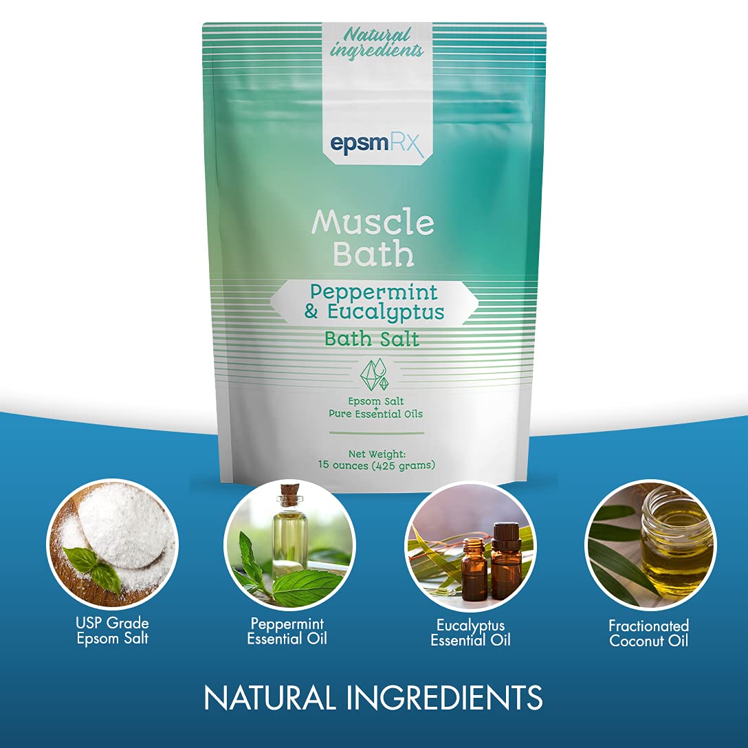 Muscle Relief Bath Salt - 15oz Epsom Salt Soak with Peppermint & Eucalyptus Essential Oils - Relaxing Post-Workout Recovery & Stress Relief Soak for Athletes & Spa Lovers