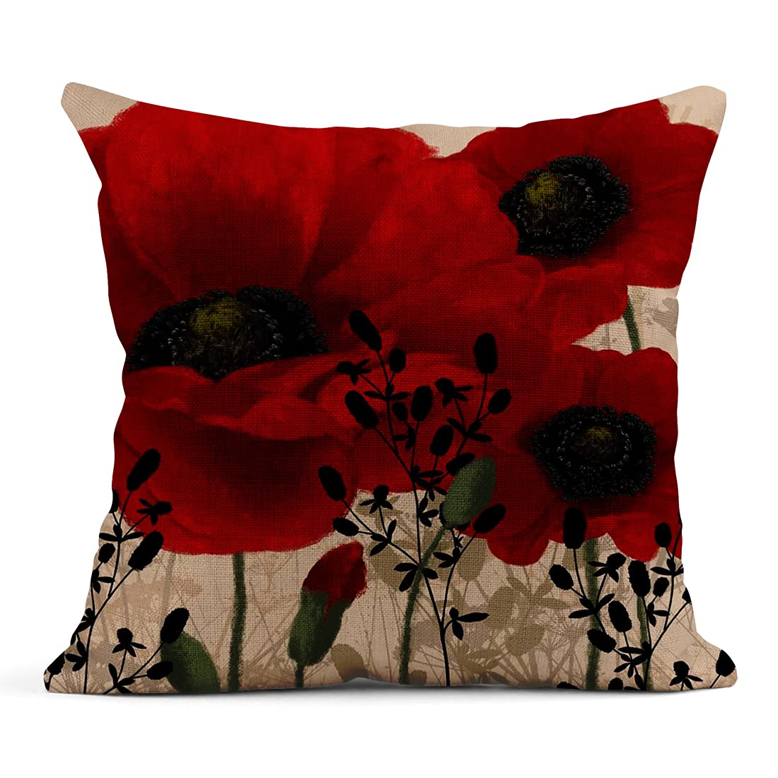 4 Pack 20x20 Inch Red Poppies Floral Linen Throw Pillow Covers - Square Cushion Covers for Sofa, Bed & Couch - Home Decor Accent for Living Room, Bedroom & Dorm