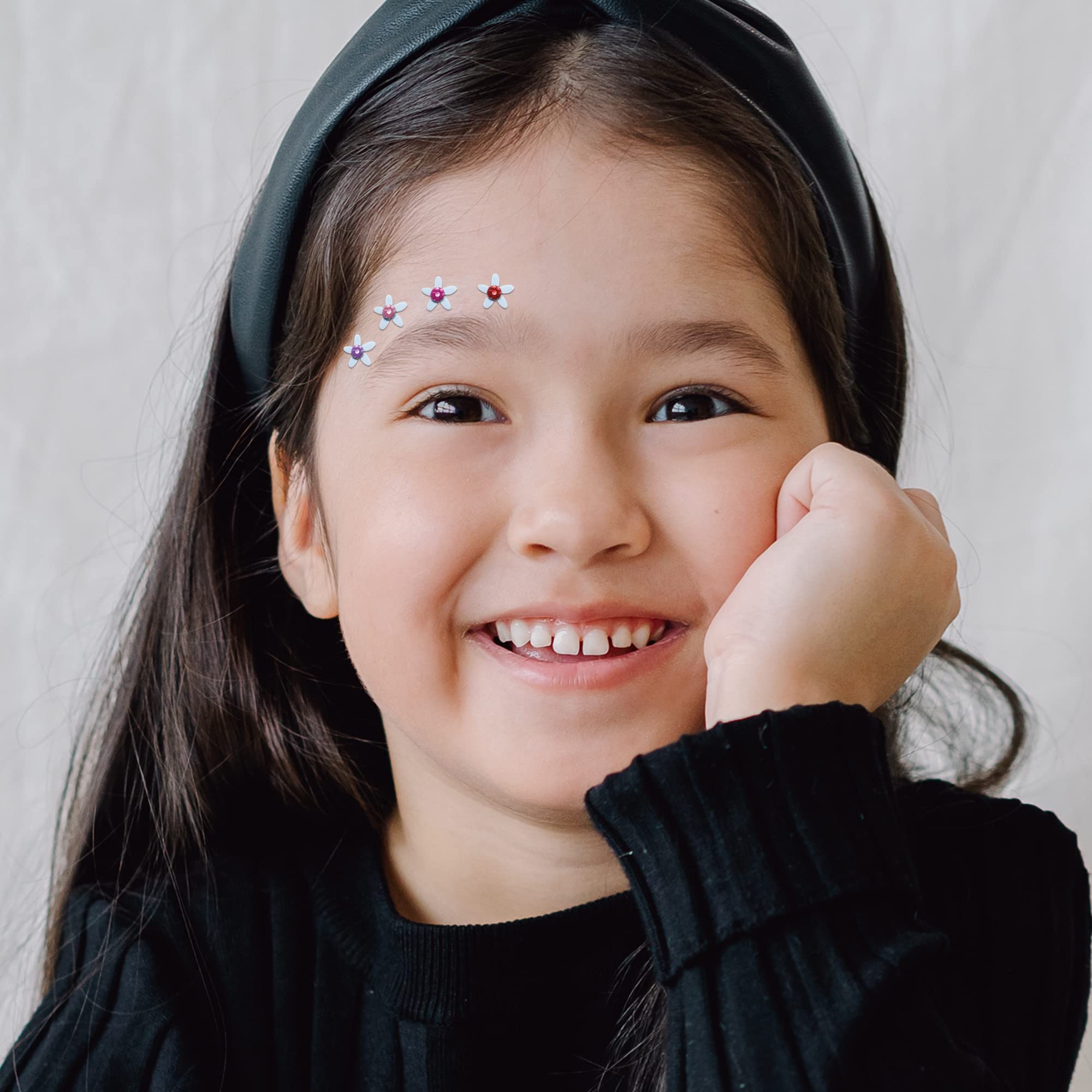 Comet Busters Cute White Floral Baby Bindis with Colorful Stones - 6mm Kids Face Stickers for Parties, Festivals & Costume Makeup (BB042)