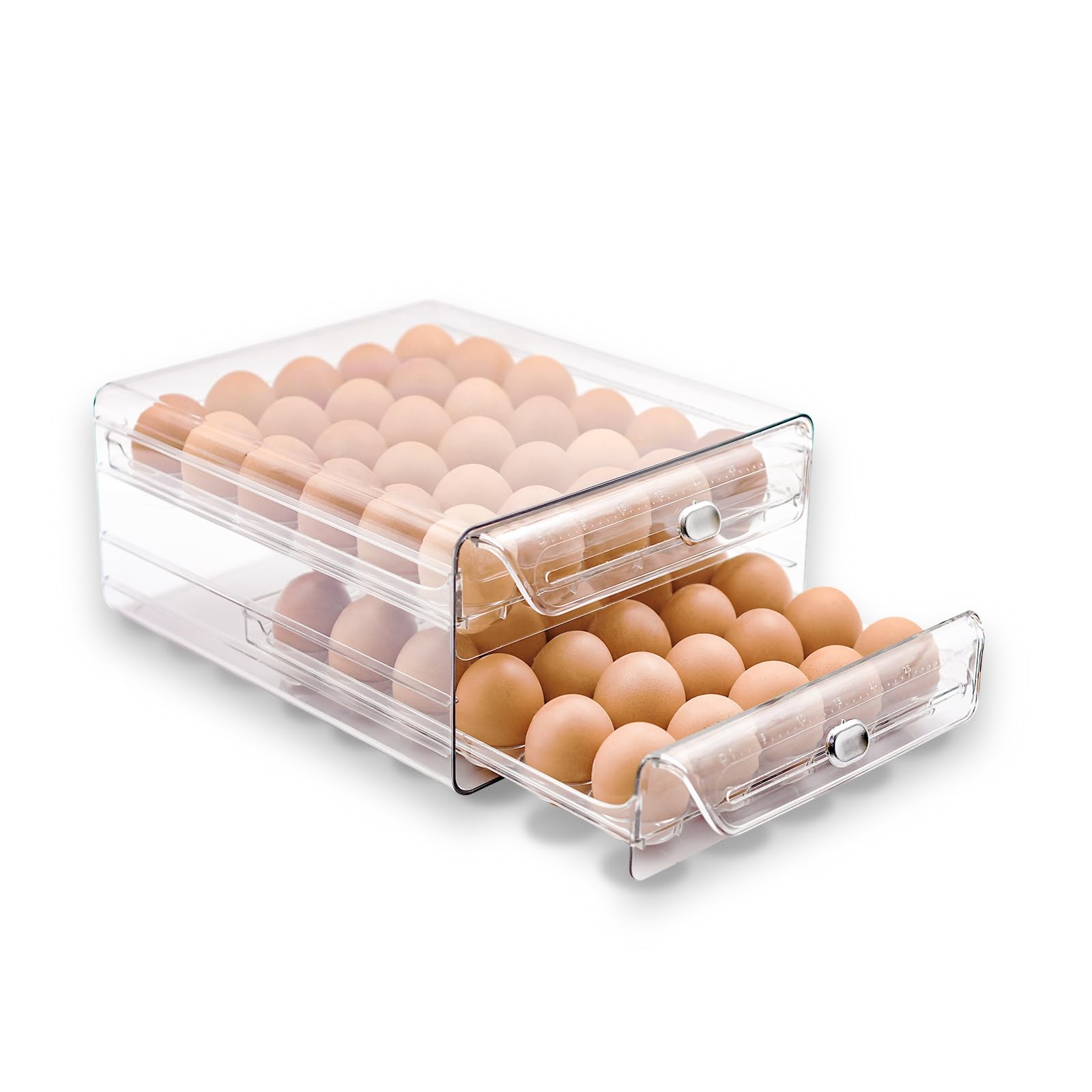 2-Tier Stackable Egg Holder for Refrigerator - Clear Plastic Egg Storage Container with 60-Capacity & Time Scale - Perfect for Fridge, Countertop, Pantry Organization - Ideal for Home Kitchen, Breakfast Meal Prep & Farm Fresh Egg Storage