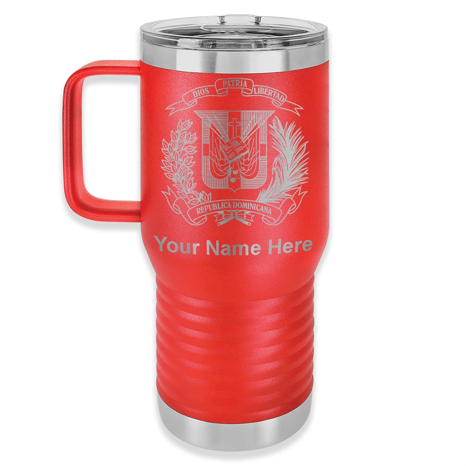 LaserGram 20oz Vacuum Insulated Stainless Steel Travel Mug with Handle - Personalized Coat of Arms Dominican Republic Engraving, Leak-Proof Coffee Thermos (Red) - Perfect for Commuting, Camping & Office Use