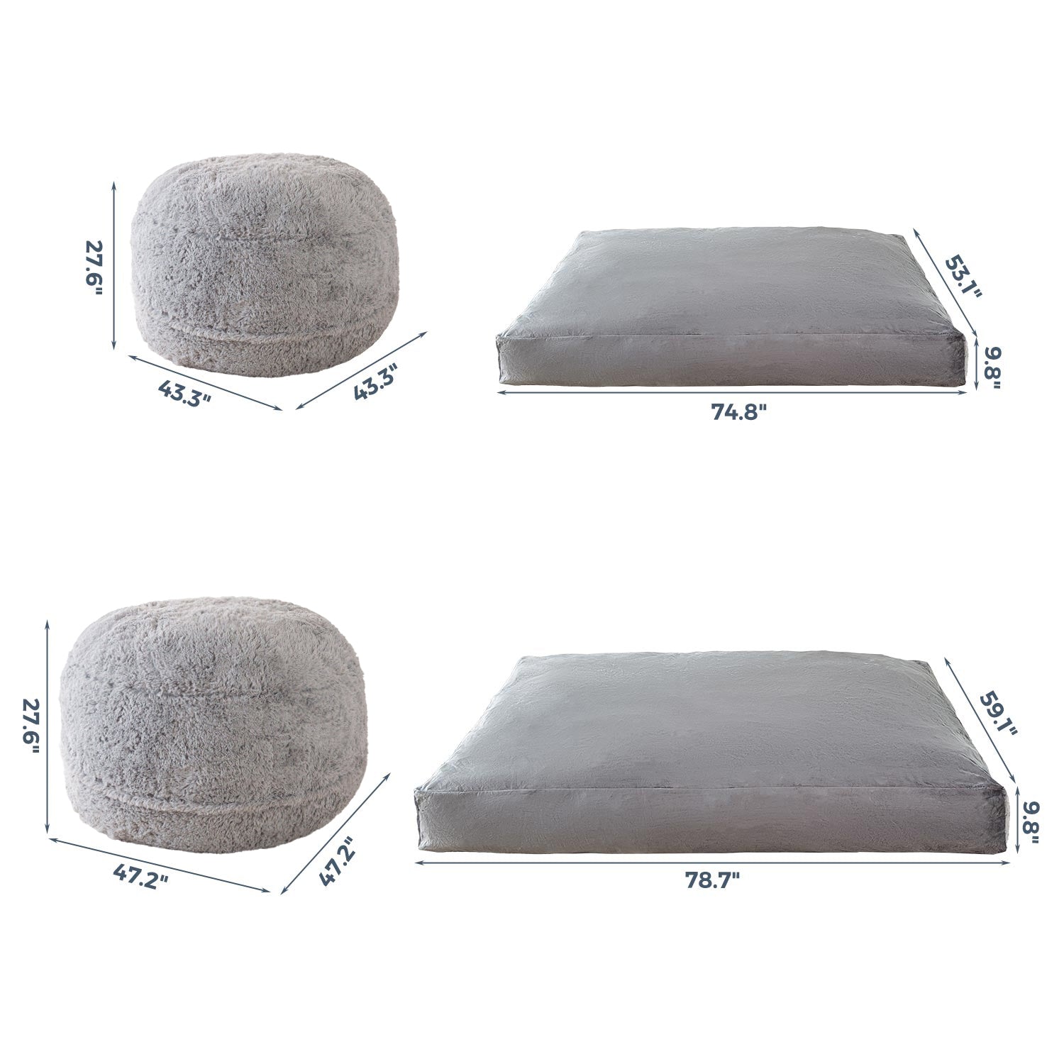 MAXYOYO Faux Fur Bean Bag Chair - Convertible Velvet Floor Bed with Removable Cover, Grey | Cozy Lounge Chair for Bedroom, Living Room & Game Room