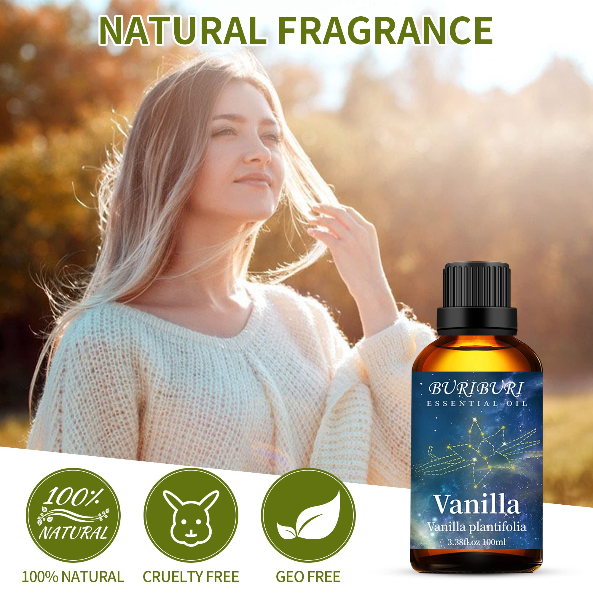 BURIBURI 100% Pure Vanilla Essential Oil 3.38 fl oz (100ml) - Undiluted Aromatherapy Oil for Diffuser, Massage, Candle Making, Soap & Humidifier | Relaxing Scent for Home Spa, Yoga & Stress Relief