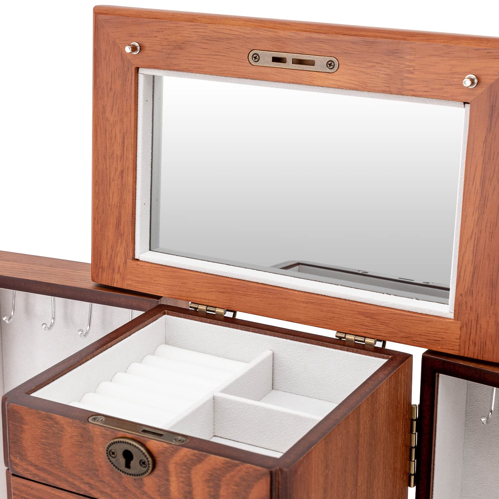 7-Layer Wooden Jewelry Organizer Box for Women - Large Rustic Storage with Drawers & Mirror for Necklaces, Earrings, Rings & Bracelets - Perfect for Bedroom, Dressing Table & Living Room Decor (Walnut)
