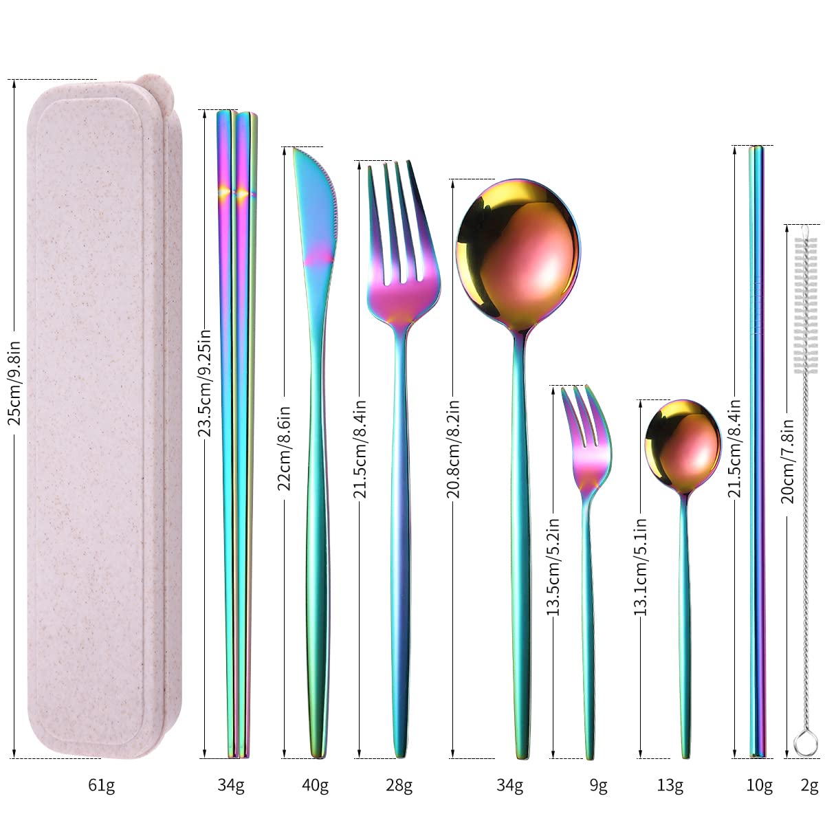 Rainbow 8-Piece Stainless Steel Travel Cutlery Set with Chopsticks & Cleaning Brush - Perfect for Camping, Picnics & Office Lunch