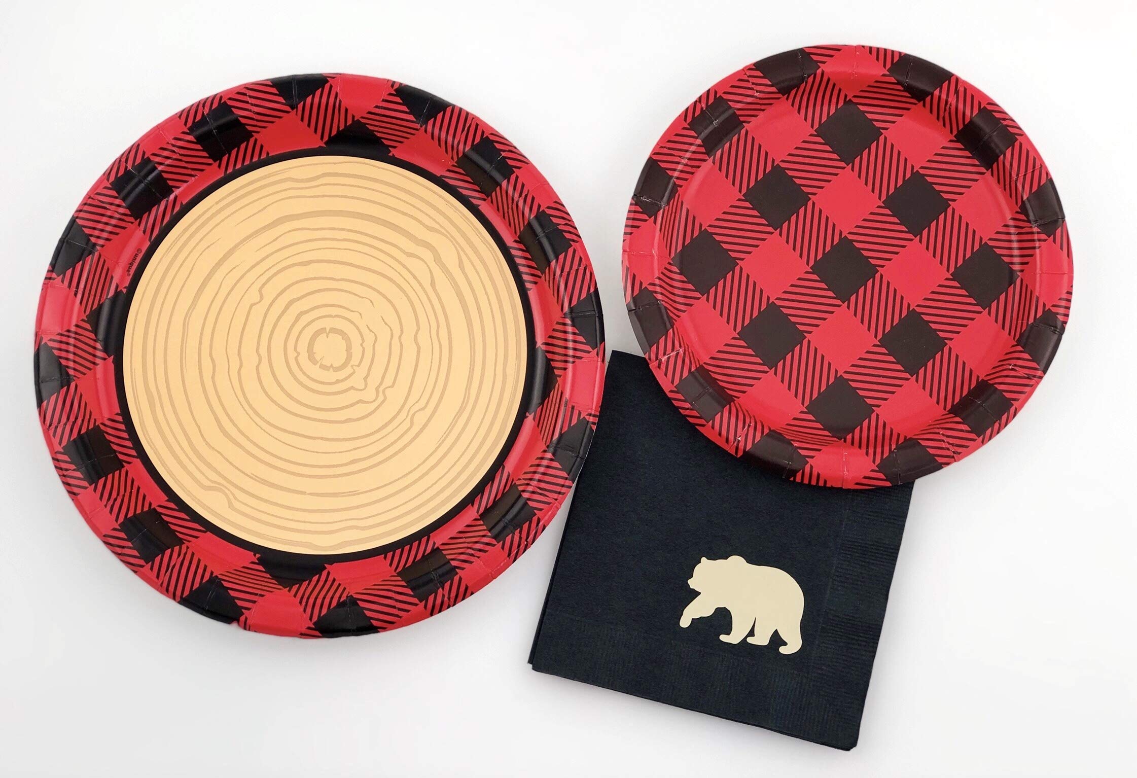 Buffalo Plaid Party Set - 16 Paper Plates & Napkins for Lumberjack Birthday, Bear Theme Baby Shower, Camping Party & Rustic Wedding Decorations