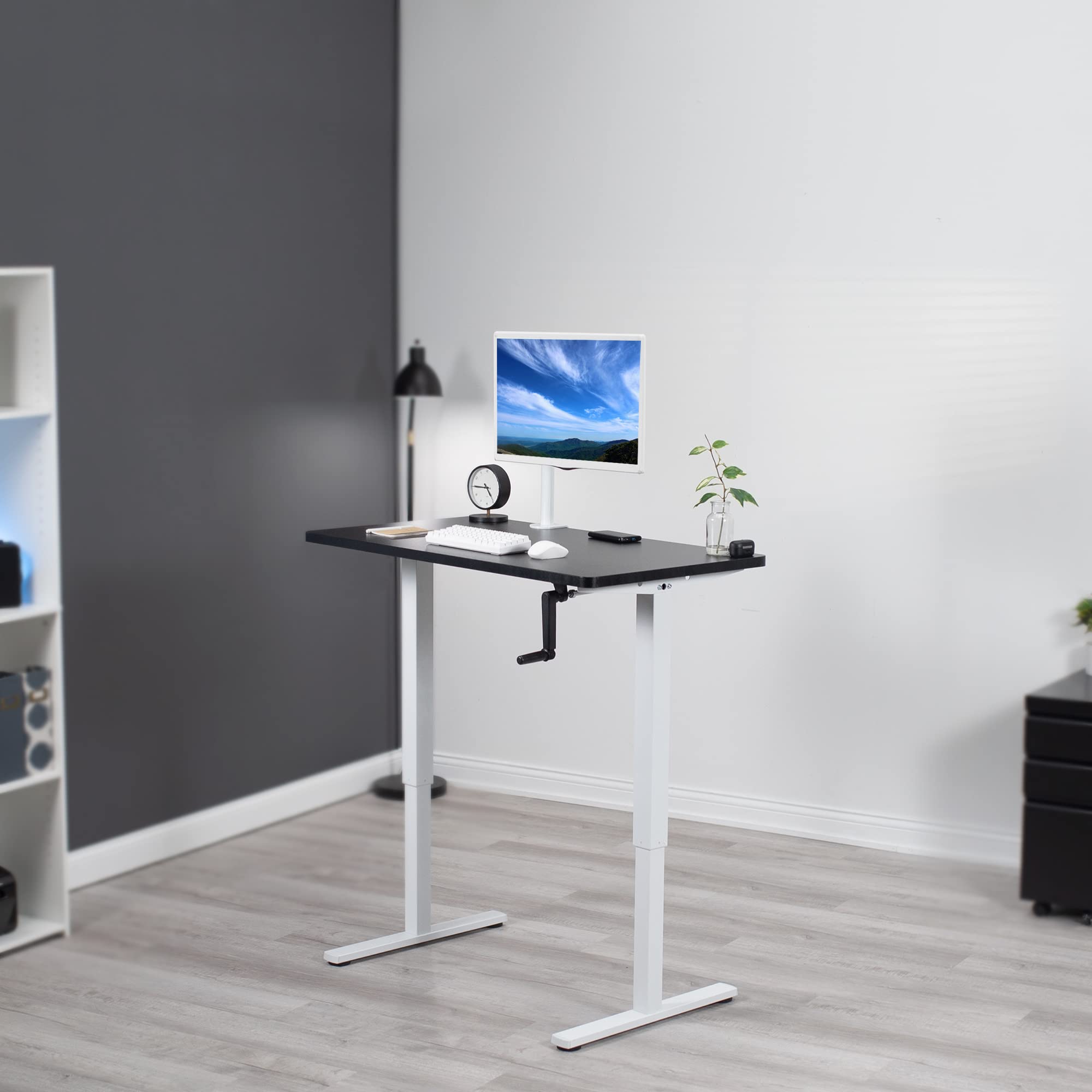 VIVO 43 x 24 Inch Adjustable Standing Desk - Manual Height Adjustable Workstation with Solid Black Table Top & White Frame, Foldable Handle - Perfect for Home Office, Small Spaces & Ergonomic Workspaces