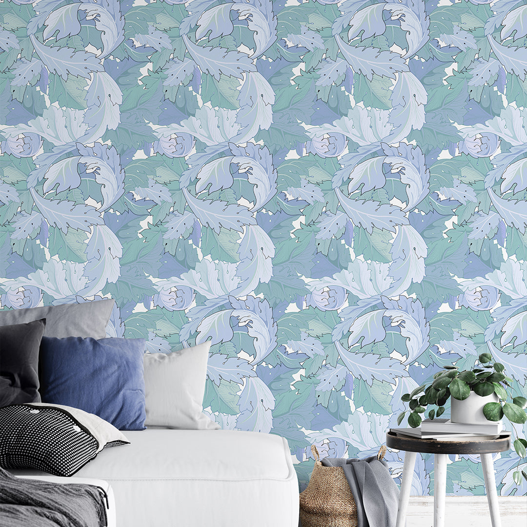Blue & Mint Acanthus Morris Wallpaper W124 - Premium Peel & Stick Wallpaper for Bedroom, Living Room, and Nursery Decor