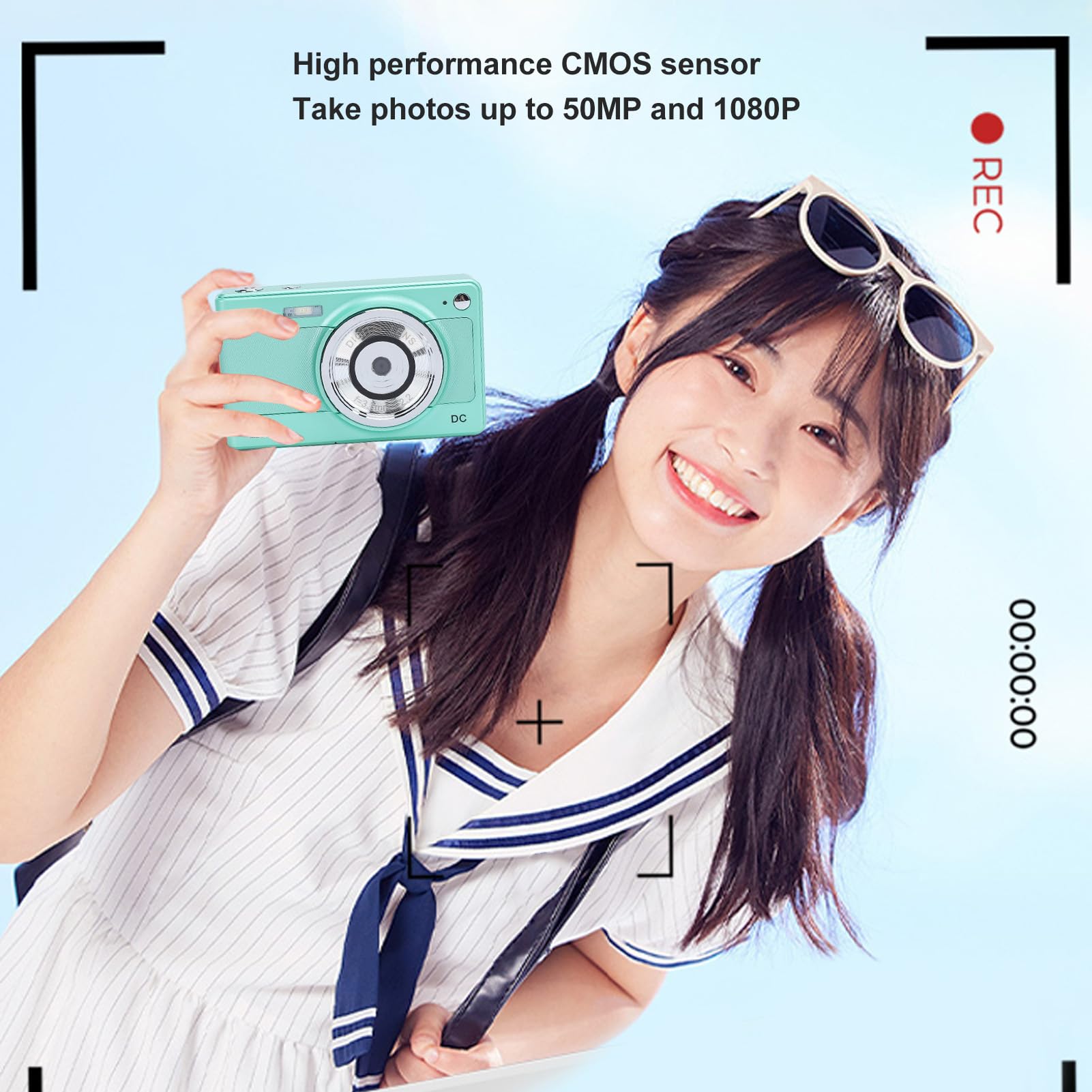 **56MP Digital Camera with 8X Zoom Autofocus - 1080P HD Point and Shoot Camera, 2.8in LCD Screen, Compact & Lightweight for Kids, Teens, Beginners - Perfect for Travel, Vlogging, Birthday Gifts (Green)**