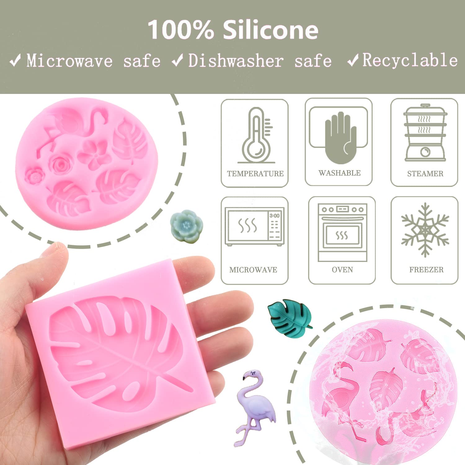 Tropical Leaf Silicone Molds Set of 4 - Flamingo & Monstera Leaves Fondant Mold for Cake Decorating, Cupcake Toppers, Candy, Polymer Clay, Chocolate & Gum Paste - Perfect for DIY Baking, Wedding Cakes, Birthday Parties & Home Decor