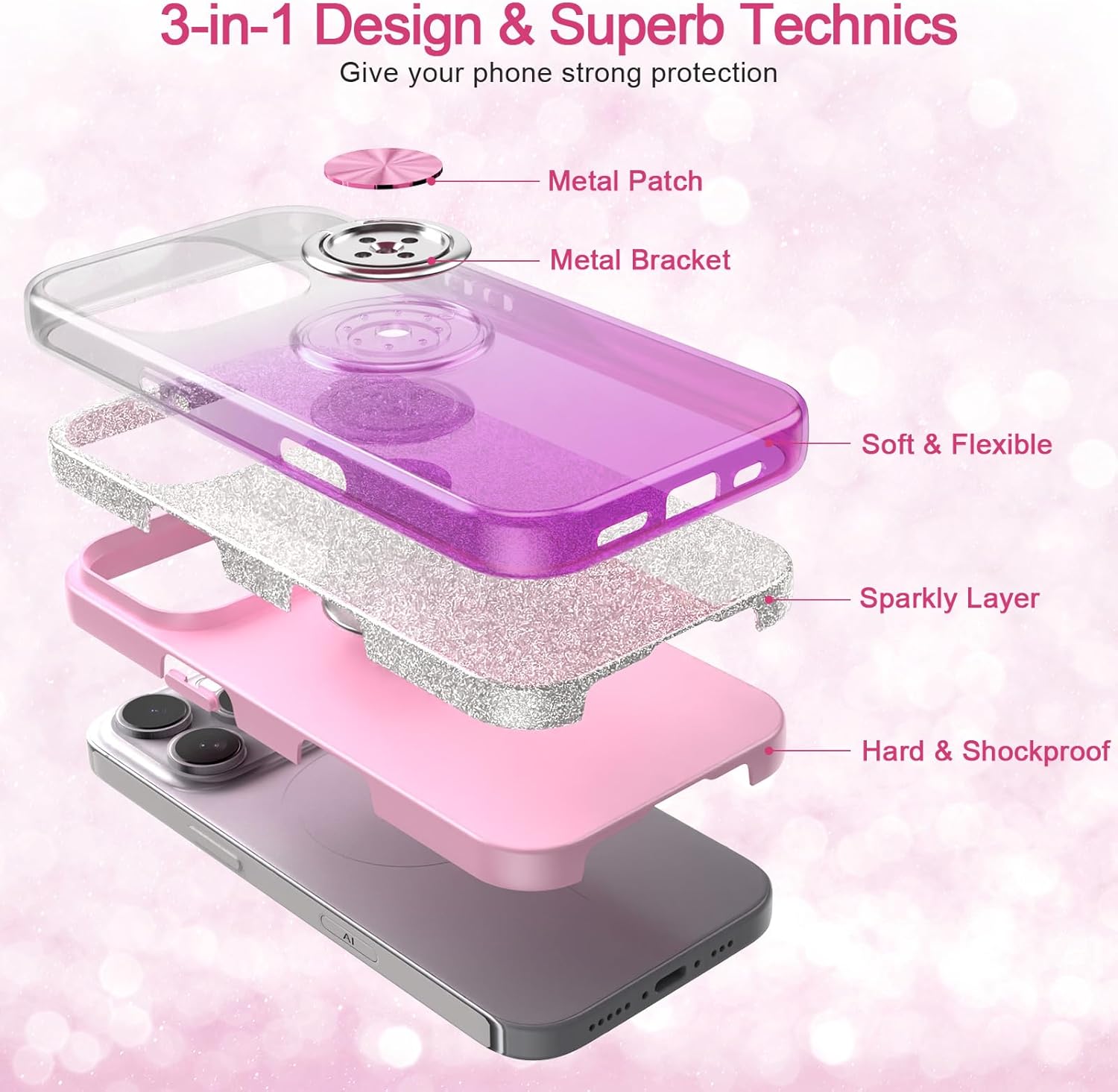 Premium iPhone 16 Case with 360° Ring Holder, Magnetic Car Mount & Kickstand - Shockproof Protective Cover for Work, Travel & Daily Use