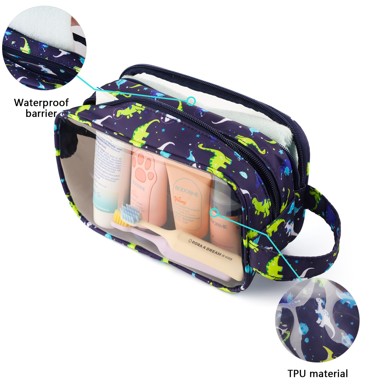 **Waterproof Dinosaur Kids Toiletry Bag for Boys - Travel Hanging Wash Bag for Toddlers & Little Boys - Navy Blue - Perfect for Camping, Sleepovers & Family Trips**