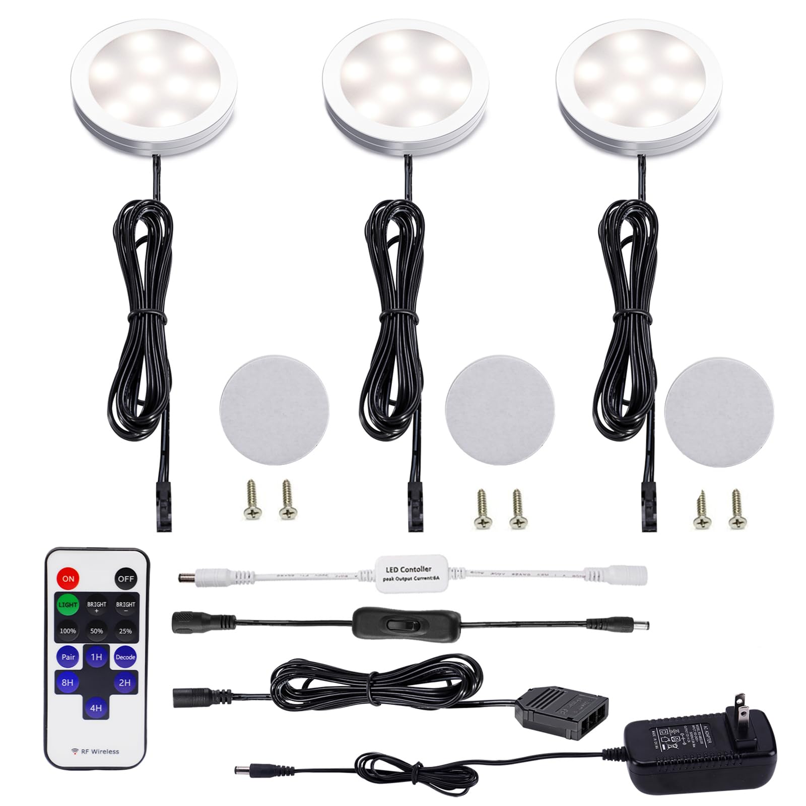 AIBOO Dimmable LED Under Cabinet Lighting Kit - 3 Lights with RF Remote Control, Natural White, Perfect for Kitchen Counter, Pantry & Workspace Illumination