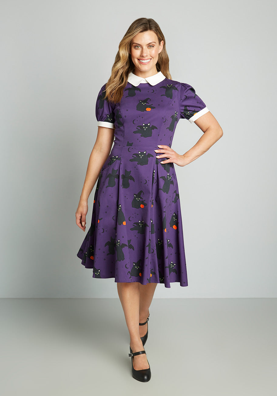 ModCloth x Collectif Black Cat Celebration Swing Dress - Vintage Inspired 1950s Style Rockabilly Dress for Women | Perfect for Halloween, Costume Parties & Retro Fashion Events