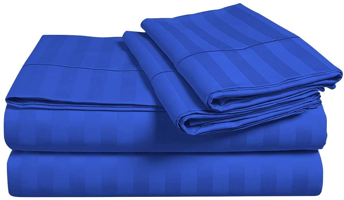 4-Piece Split Queen Sheet Set - 800 Thread Count 100% Egyptian Cotton, Royal Blue Stripe, Fits Adjustable Beds with 12