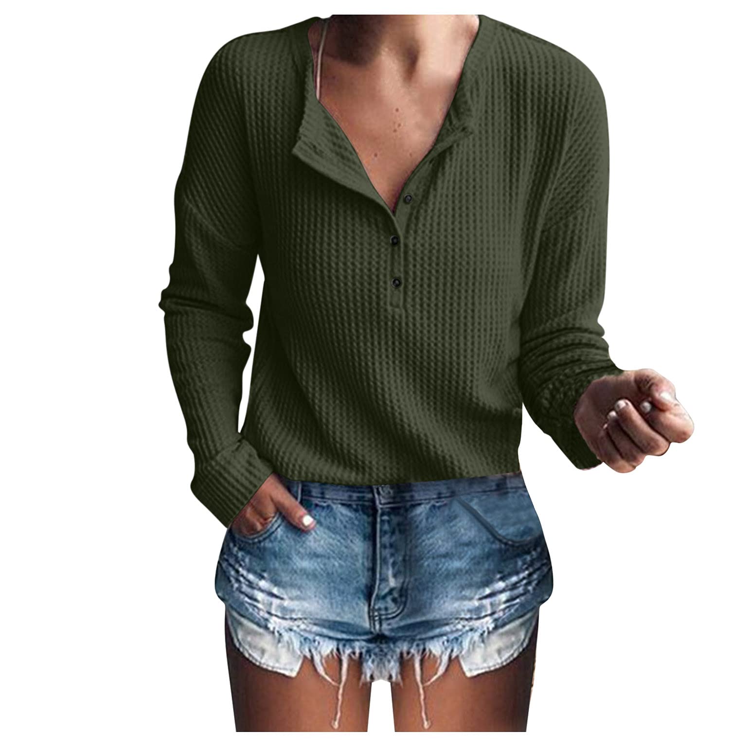 Women's Waffle Knit Tunic Top - Long Sleeve Casual Button-Up Thermal Shirt for Fall & Autumn | Loose Fit Pullover Tunic for Layering, Work & Weekend Outfits