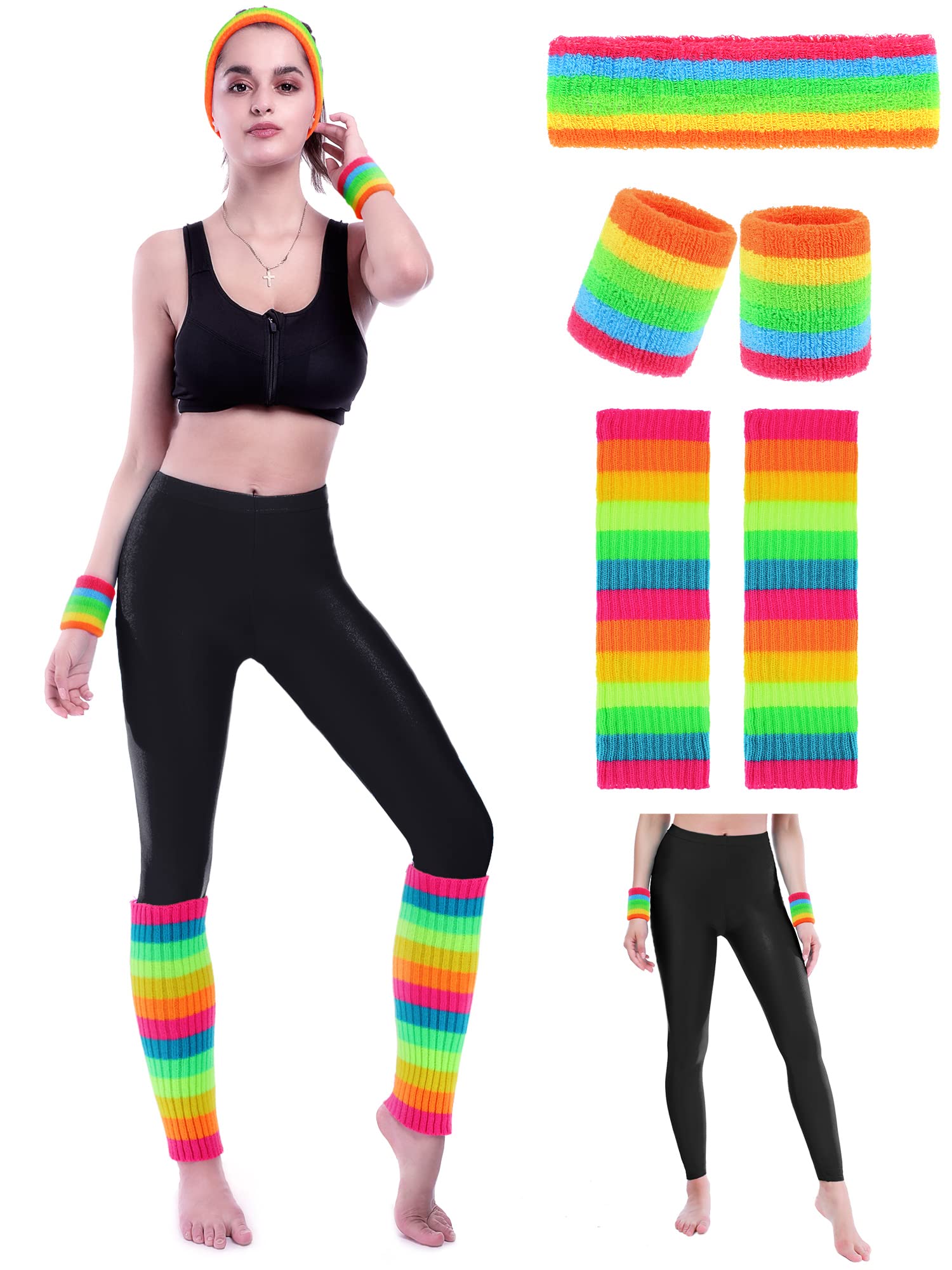 SATINIOR 80s Neon Leggings - Retro Party Workout Leggings with Matching Headband & Wristbands - Perfect for 80s Theme Parties, Dance Workouts, and Fitness Classes