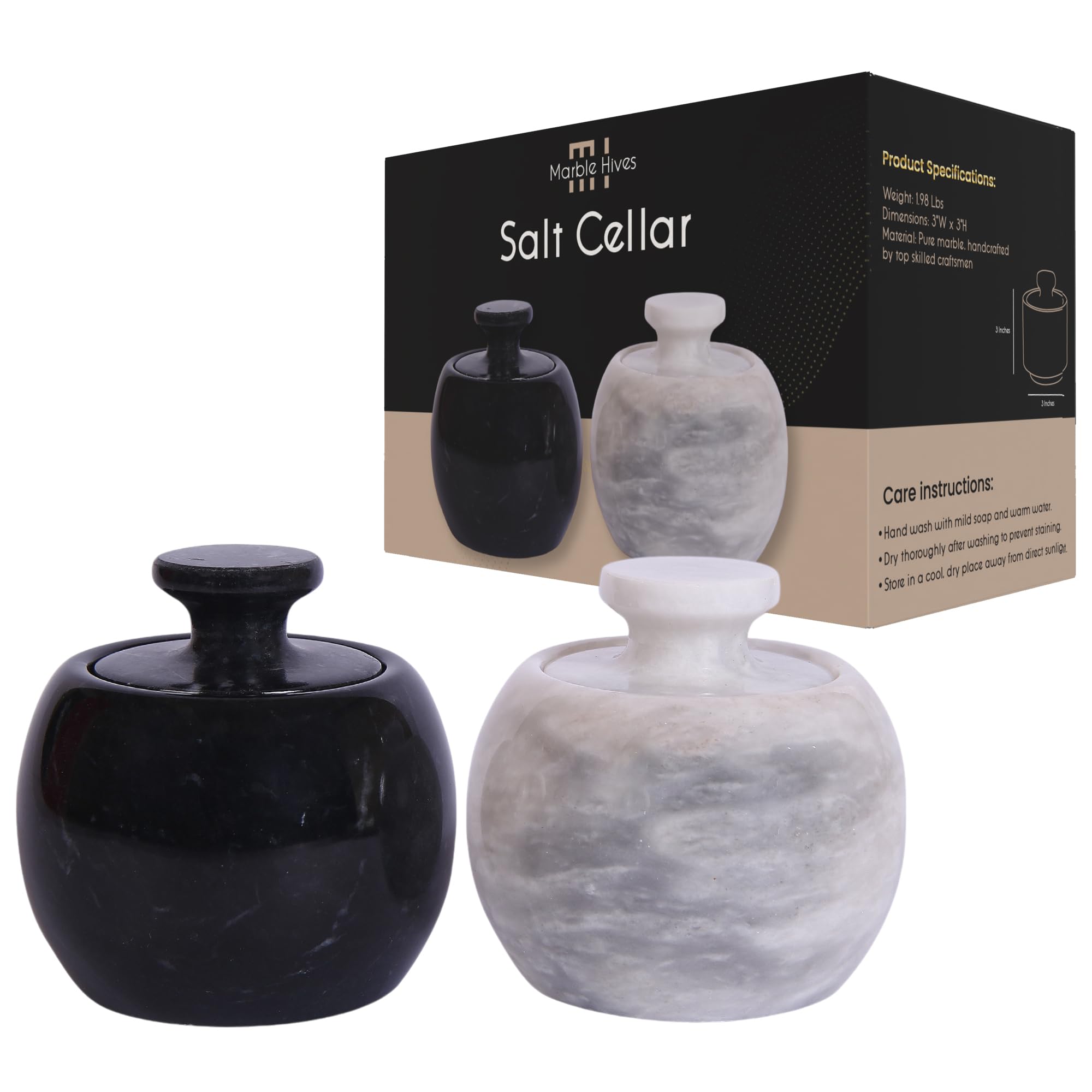 Premium Marble Salt Cellar with Lid - Set of 2 Elegant Marble Salt and Pepper Bowls - Airtight Spice Holder for Salt, Pepper, Paprika & Seasonings (Sunny Grey & Black, Style 02) - Perfect for Kitchen, Dining Table & Gourmet Cooking