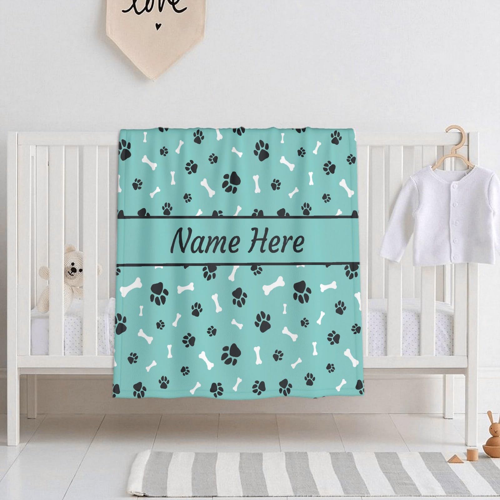 **Personalized Dog Blanket - Custom Name Pet Blanket for Dogs, Puppies - Soft Cozy Fleece Throw Blanket for Bed, Sofa & Travel - Perfect Gift for Dog Lovers, Mom, Dad - Cute Paws & Bones Design**    *(Use Scenes: Great for snuggling at home, keeping your pet warm during travel, or as a thoughtful gift for dog lovers!)*
