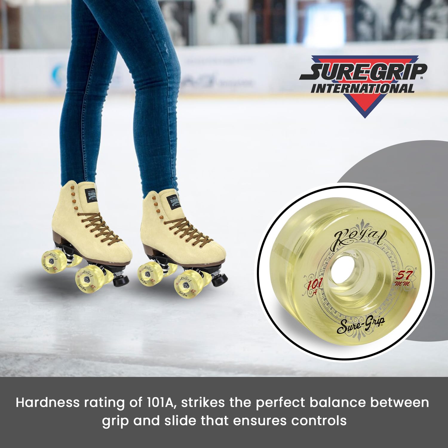 Sure-Grip Royal Indoor Roller Skate Wheels - 101A Hardness, 57mm Diameter & 31mm Width for Fast Response - Premium Urethane Material - Made in USA (Set of 8) - Perfect for Indoor Rinks, Roller Derby & Artistic Skating