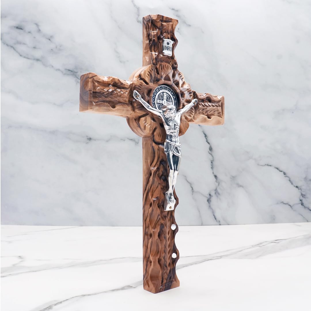 Large St Benedict Olive Wood Wall Hanging Crucifix - Handcrafted in Bethlehem Holy Land by Christian Artisans | Religious Wooden Catholic Cross for Home Decor, Church Altar & Christian Gifts (Christmas, Baptism, First Communion)