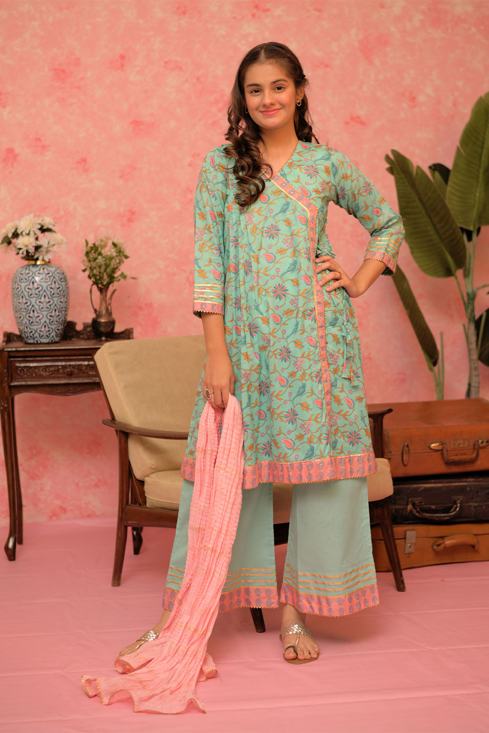 Premium Cotton Lawn Gold Print Sea Green Stitched Suit for Senorita - Elegant Women's Formal Wear for Parties, Weddings & Special Occasions