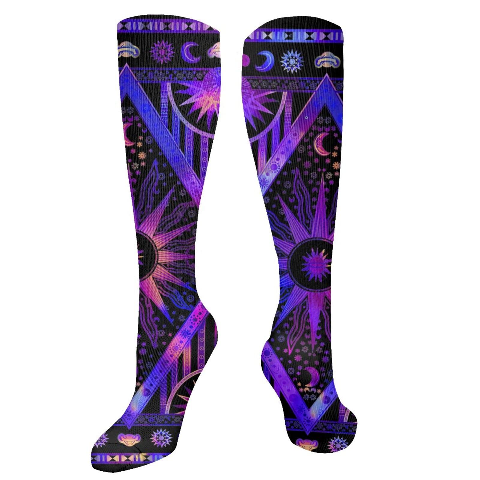 Purple Tarot Compression Socks - High Knee Long Socks for Running & Sports - Boho Hippie Style Unisex Tube Socks (Great for Yoga, Gym & Outdoor Activities)
