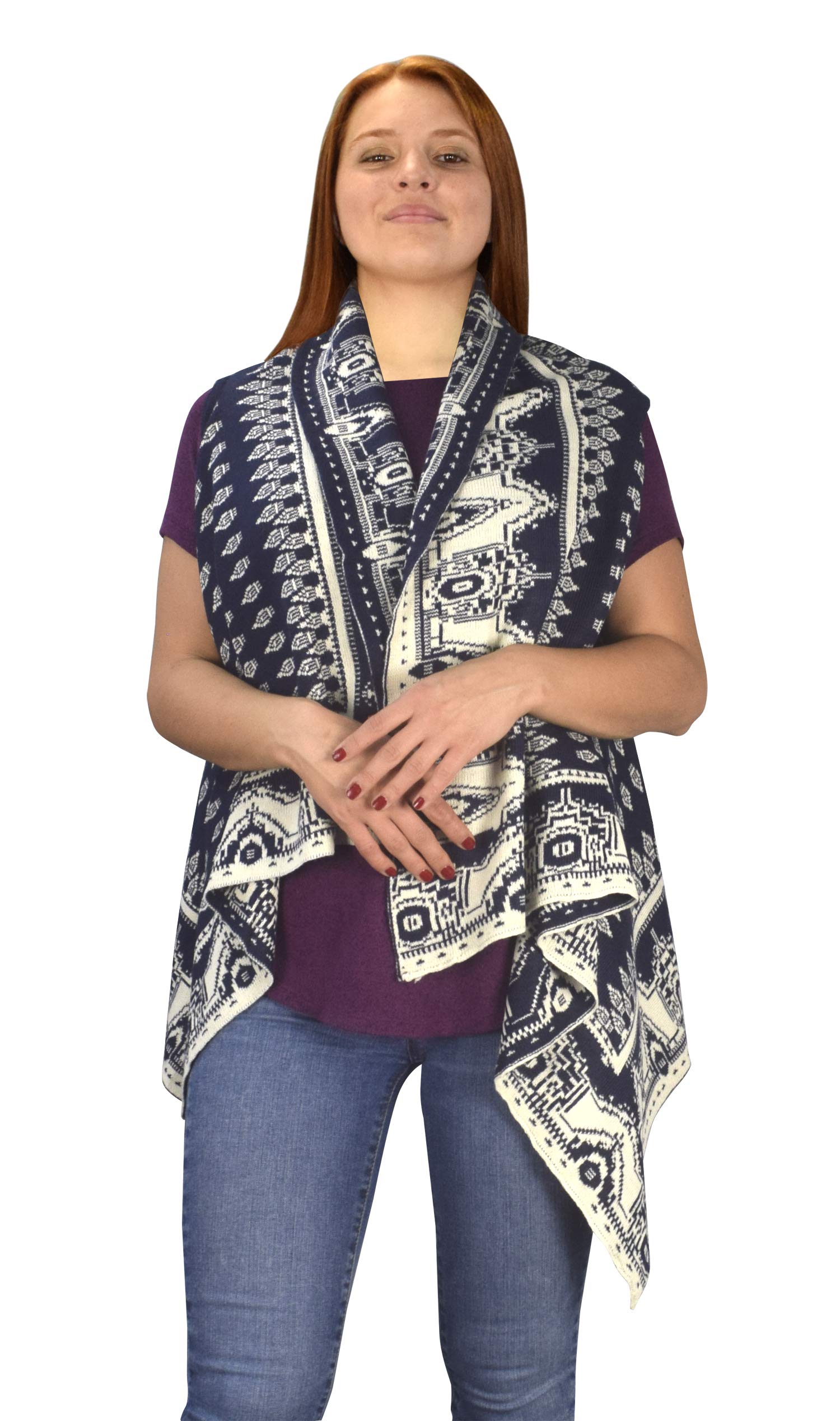 Women's Reversible Sleeveless Fair Isle Cardigan Vest - Open Front Draped Design for Layering Outfits | Perfect for Office Wear, Casual Outings & Fall Fashion