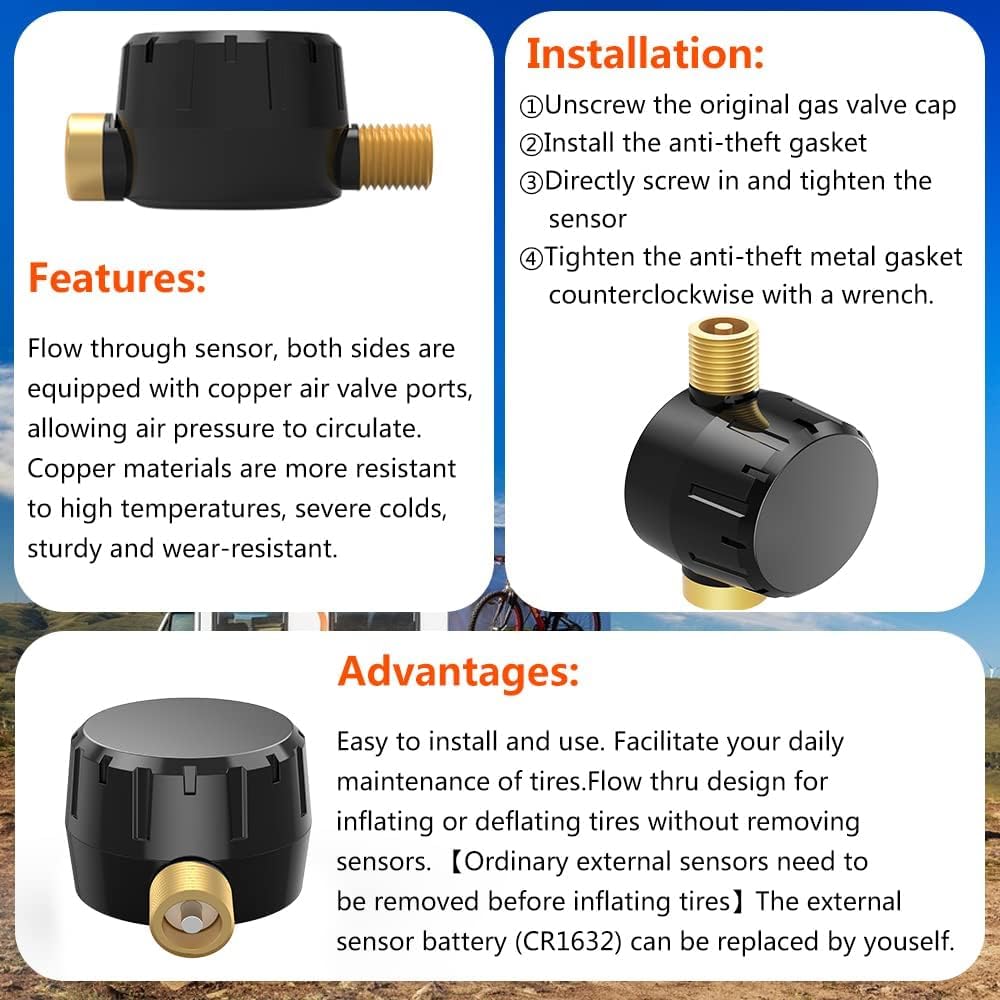 B-Qtech RV TPMS Solar Tire Pressure Monitoring System with 6 Flow Thru Sensors & Signal Repeater - Real-Time Pressure/Temperature Display, 7 Alarm Modes for RVs, Trailers, Buses, Motorhomes & Trucks - Perfect for Long-Distance Travel & Fleet Safety Monitoring