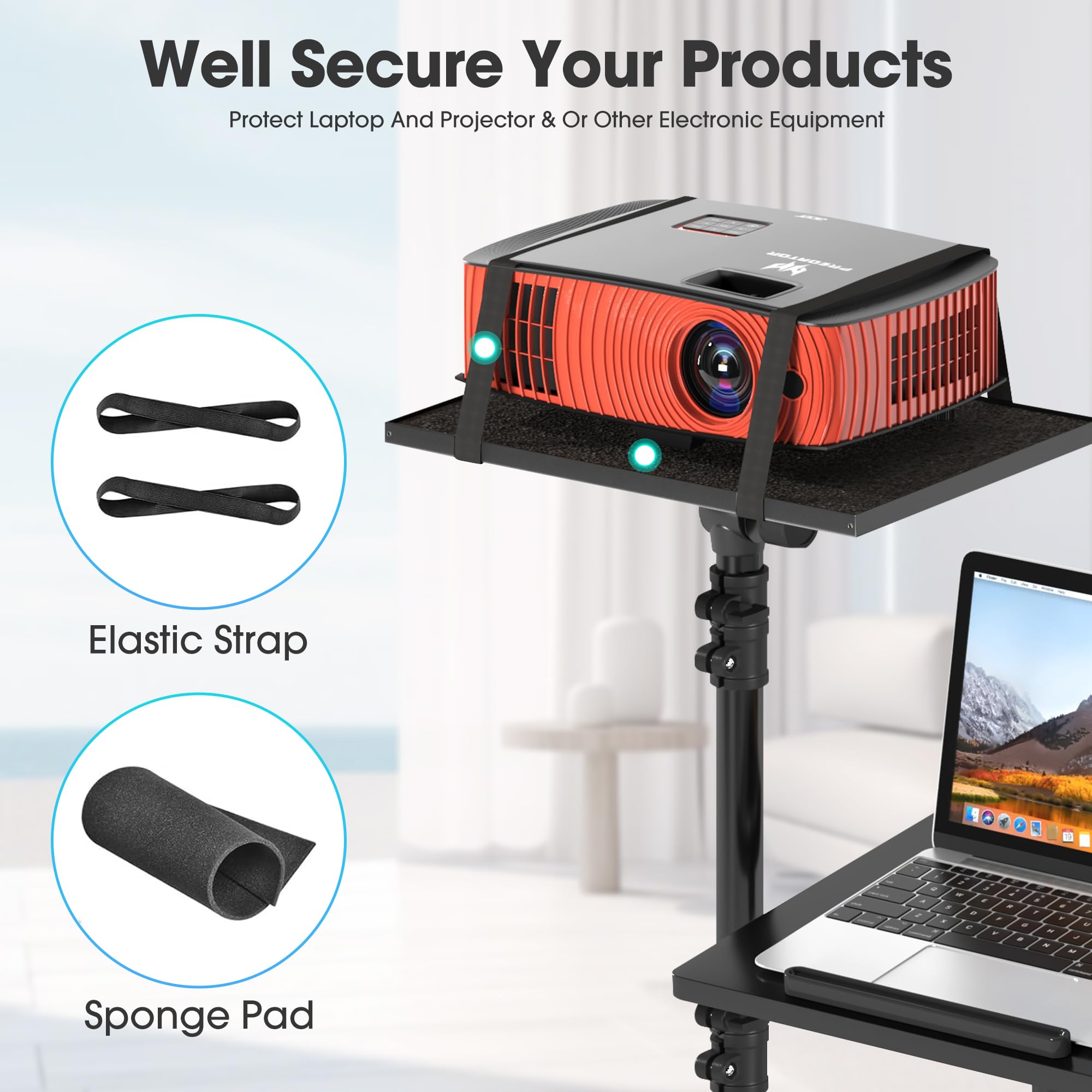 Adjustable Height Projector Stand Tripod with 2 Shelves - Mobile Rolling Desk Cart on Wheels (45