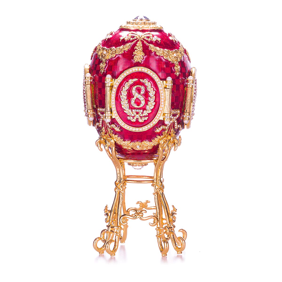 Danila-Souvenirs Faberge Style Caucasus Egg Jewelry Box with Photo Frames - 7.2 Inch (18 cm) Red Handmade Trinket Box - Perfect for Gift Giving, Home Decor & Jewelry Storage