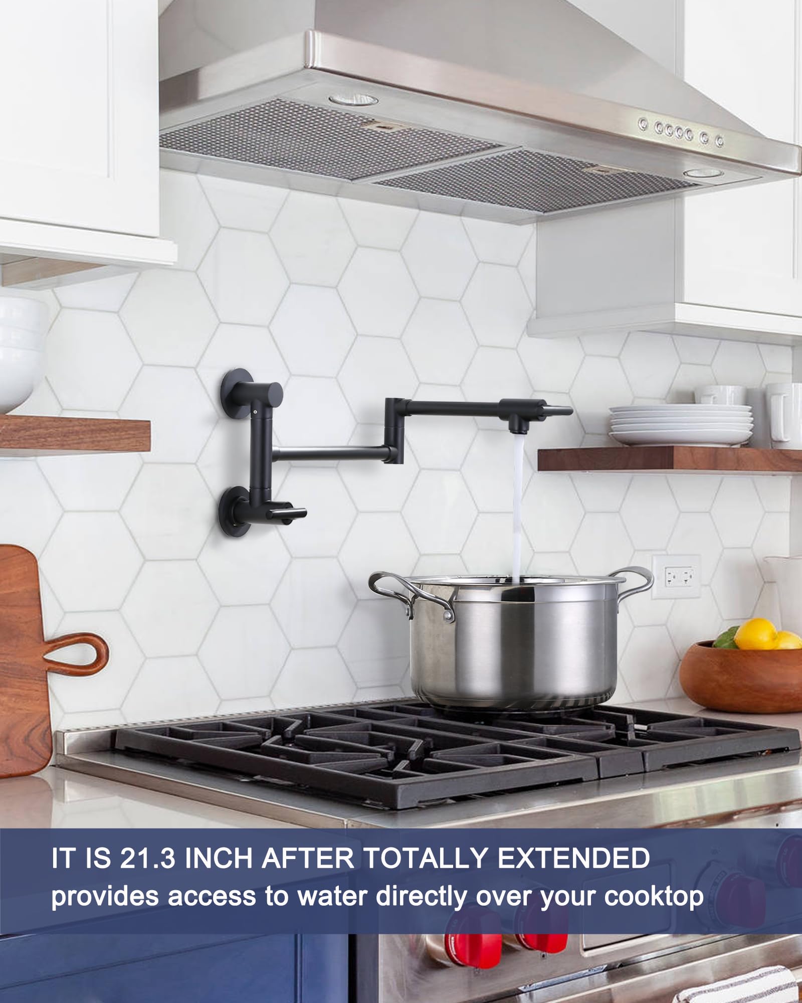 Premium Brass Wall-Mounted Pot Filler Faucet with Dual Swing Arms - Single Hole Stove Faucet for Kitchen, Black Finish | Ideal for Cooking, Filling Large Pots & Enhancing Kitchen Workflow