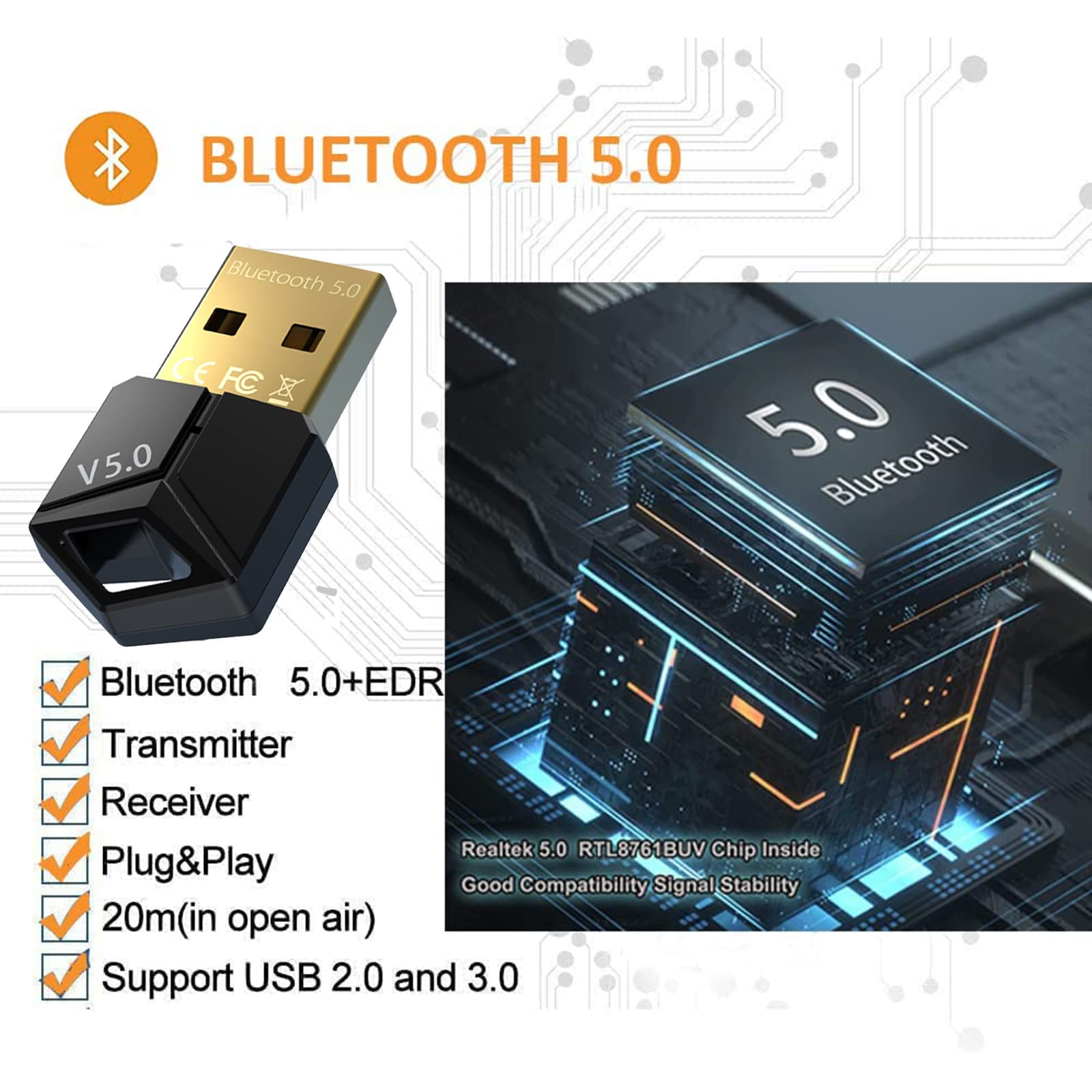Bluetooth 5.0 Adapter for PC - Mini USB Bluetooth Dongle with Audio Transmitter & Receiver - Wireless Adapter for Windows 7/8/10, Headphones, Speakers, Keyboard & Printers - Perfect for Home Office, Gaming & Music Streaming