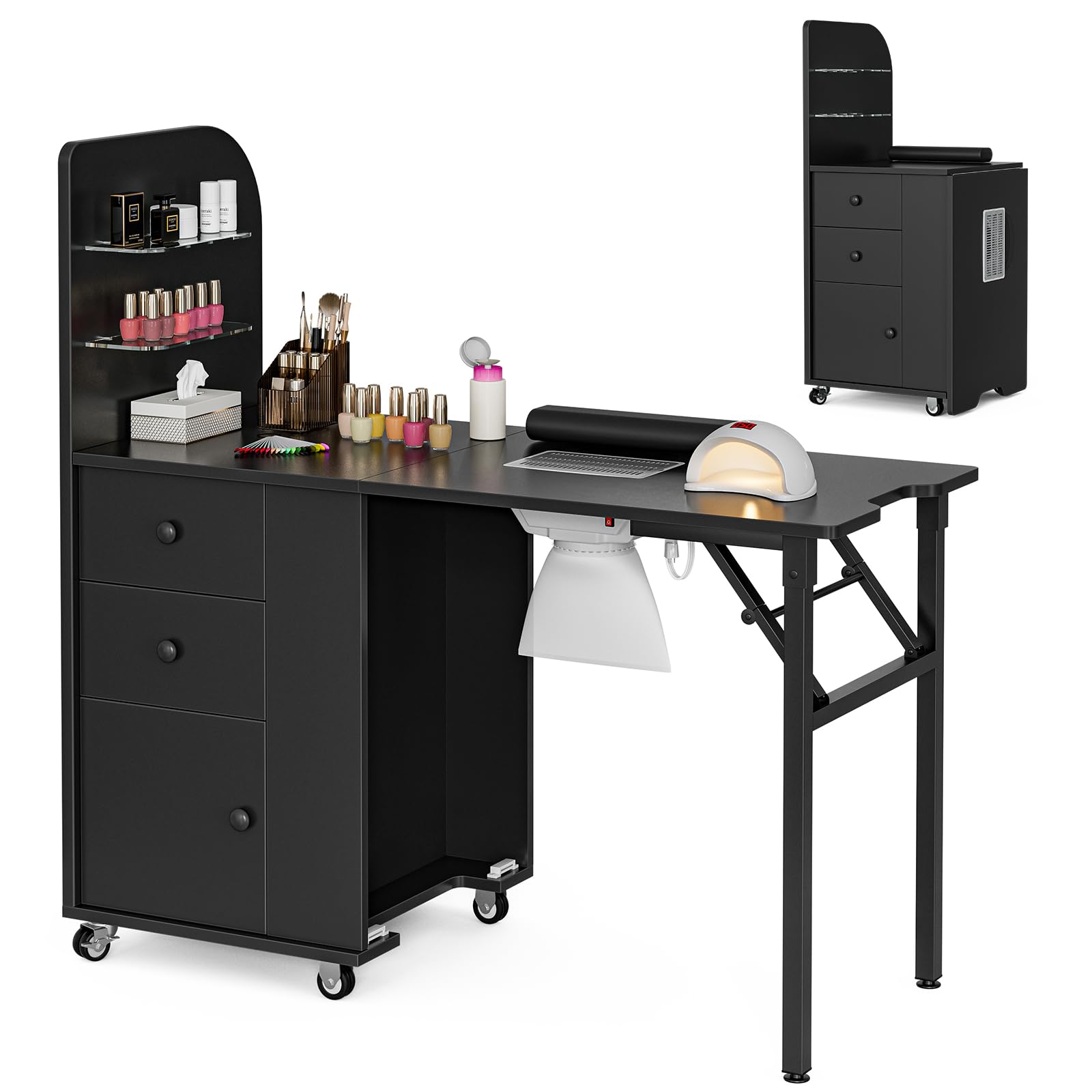 Foldable Nail Table for Nail Technicians - Portable Manicure Station with Dust Collector, 2 Open Shelves & 2 Drawers, Adjustable Wrist Cushion & Lockable Wheels (Black) - Perfect for Home Salons, Mobile Nail Services & Professional Nail Studios