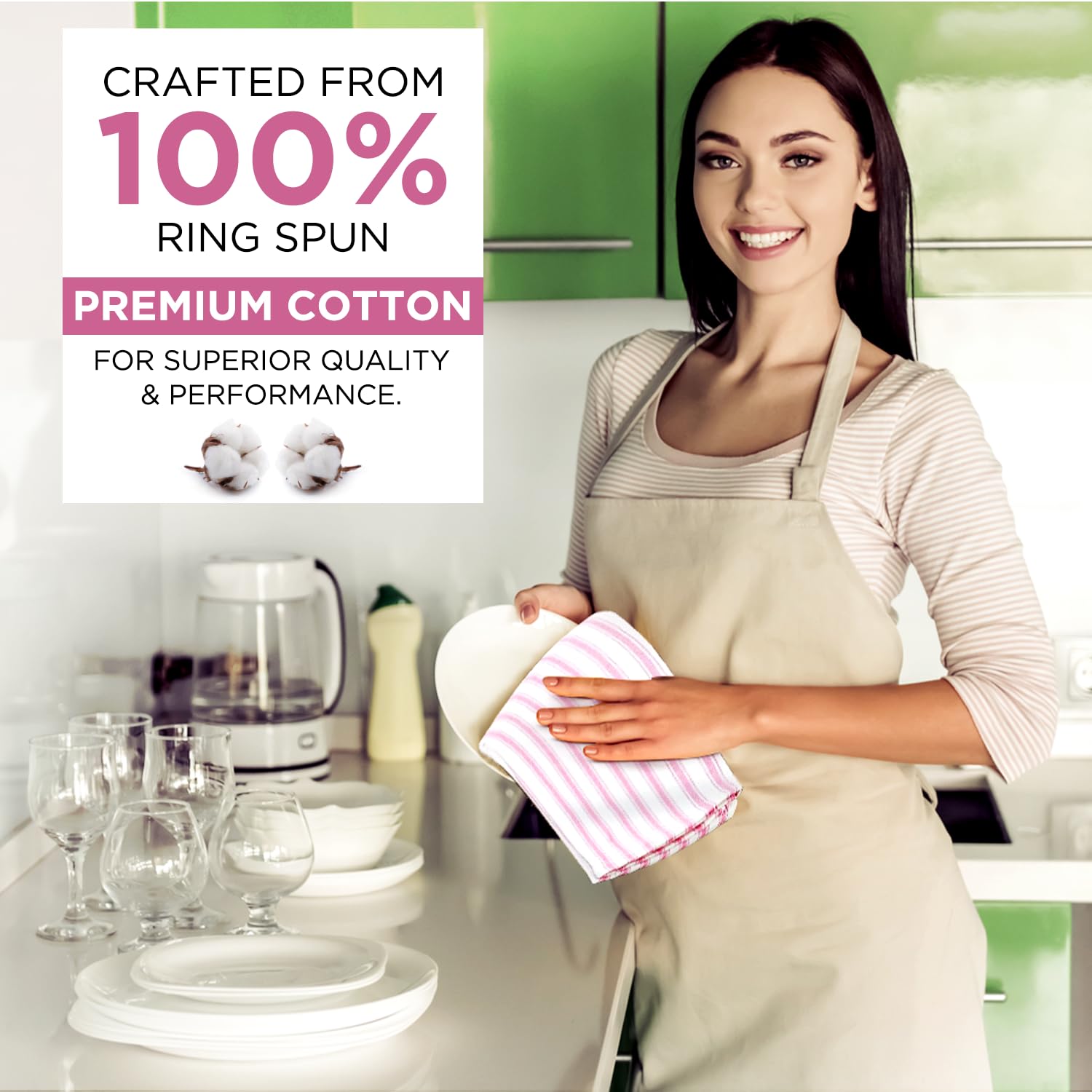 Premium Set of 6 100% Cotton Kitchen Towels - Absorbent Dish Towels with Hanging Loop for Washing & Drying Dishes - 18x28 Inch French Stripe Tea Towels & Hand Towels in Pink - Perfect for Kitchen, Dining, and Hosting Gifts