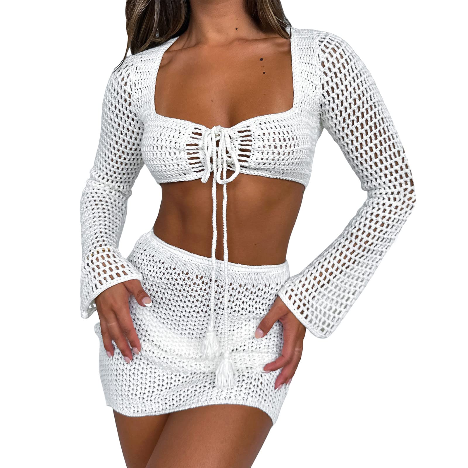 Women's Crochet Skirt Two-Piece Set - Beach Cover Up Outfit for Summer Vacations, Pool Parties & Boho Fashion