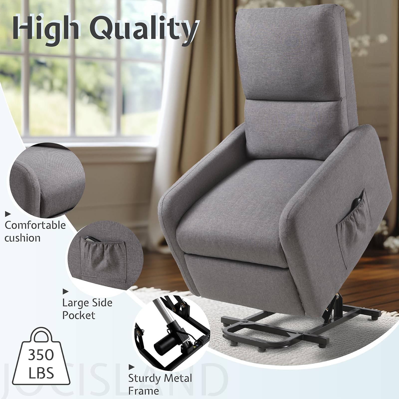 Jocisland Power Lift Recliner Chair for Elderly - Electric Recliner with High Back & Side Pocket - Comfortable Modern Upholstered Sofa in Linen Grey - Perfect for Living Room, Bedroom & Nursing Care