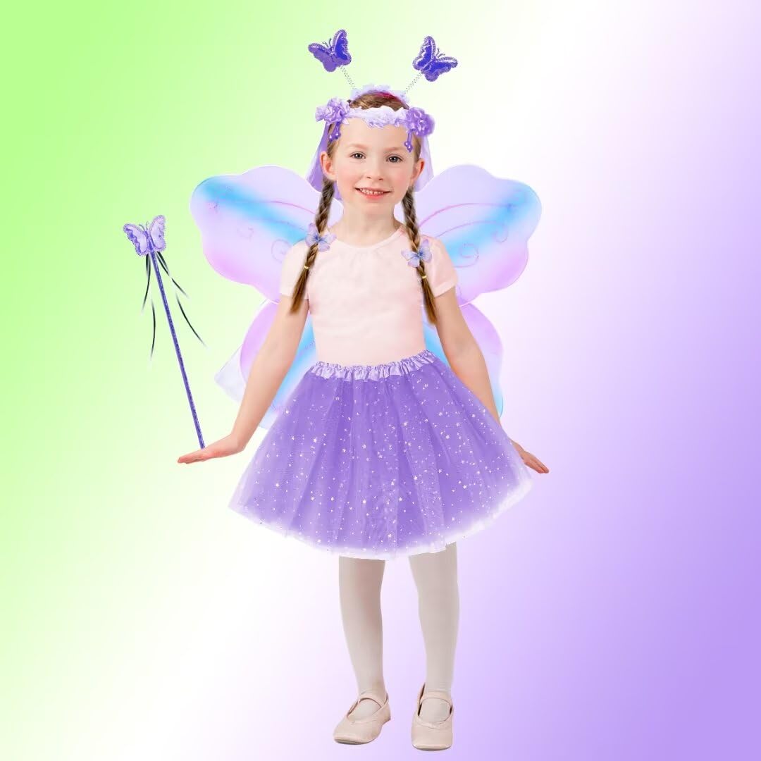 WILDPARTY Fairy Costume Set for Girls Age 3-8 - Butterfly Wings, Tutu Skirt, Hair Clips, Magic Wand & Headband - Perfect for Halloween, Dress-Up Parties & Fairy Themed Events
