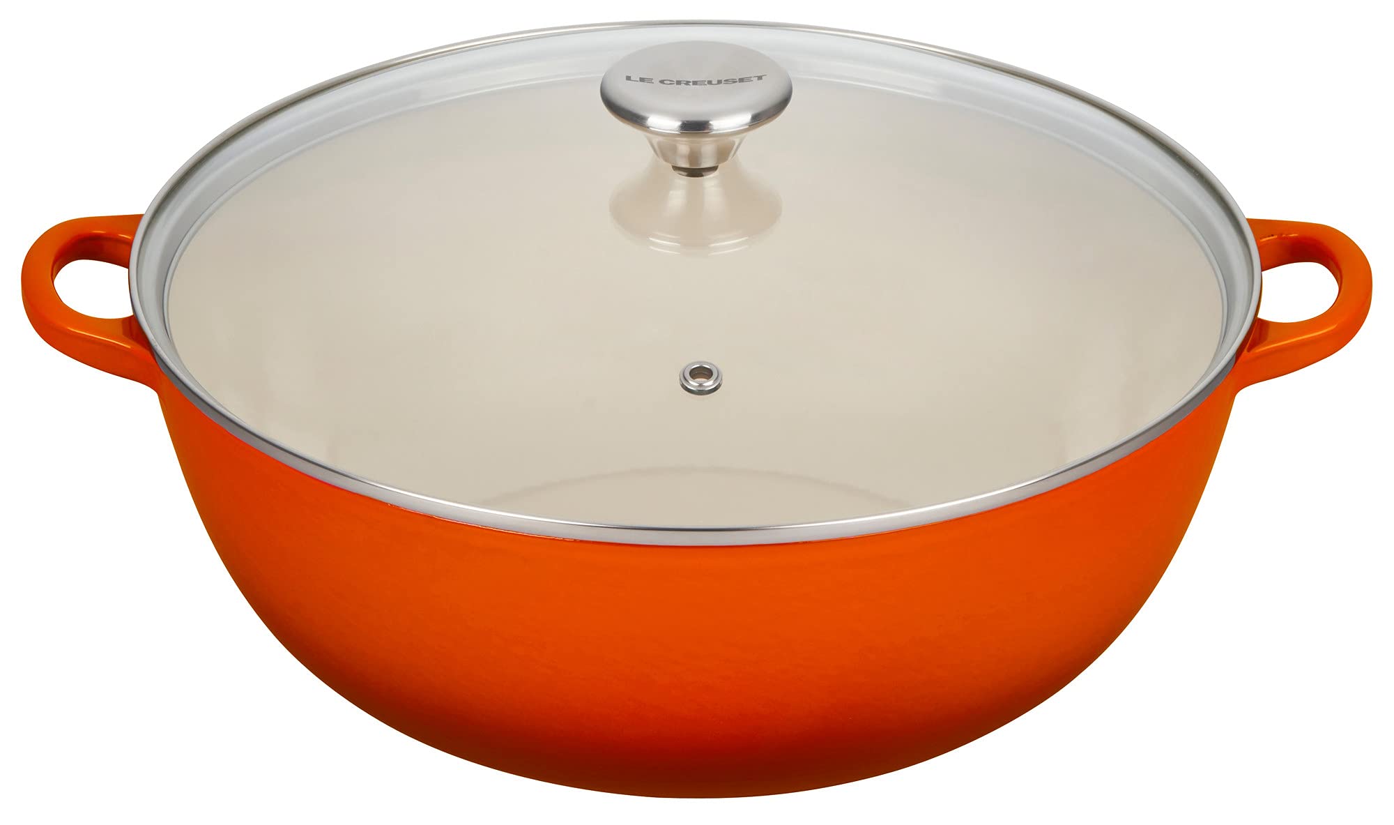 Le Creuset 7.5 Quart Enameled Cast Iron Dutch Oven with Glass Lid - Flame Color - Perfect for Braising, Baking & Slow Cooking